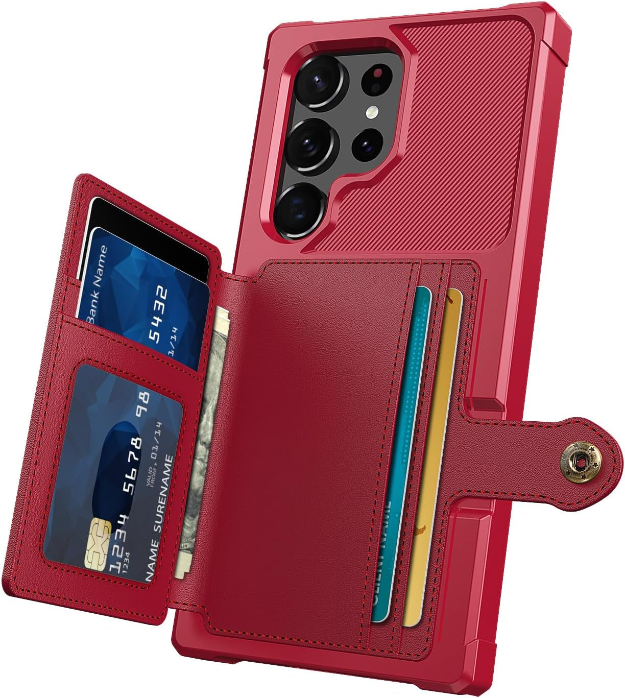 For Samsung Galaxy S22 Ultra Case with Card Holder, Compatible with Magnetic Car Mount, Heavy Duty Shockproof Rugged Soft TPU Back Leather Flip Wallet Cover 6.8 Inch, Red