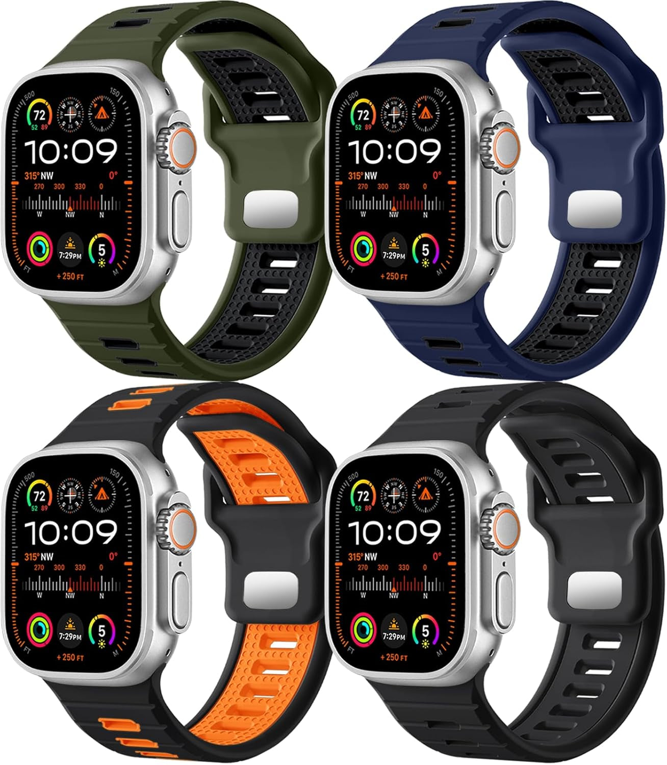 4Pack Sport Bands Compatible with Apple Watch Ultra 2/Ultra Band,Compatible with Apple Watch Bands for Men 49Mm 45Mm 44Mm 42Mm,Silicone Replacement Strap for Iwatch Series 9 8 7 6 5 4-1 SE