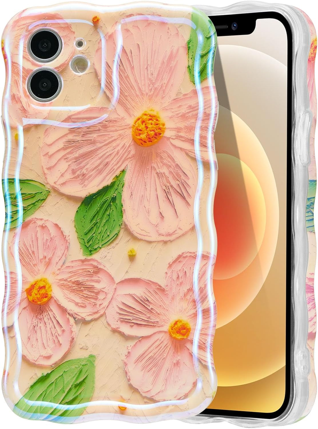 EYZUTAK Case for Iphone 14 Pro, Colorful Retro Oil Painting Flower Leaf Laser Glossy Pattern Cute Curly Wave Edge Exquisite Phone Cover Stylish Durable TPU Protective Case for Girls Women - Blue Green  EYZUTAK   