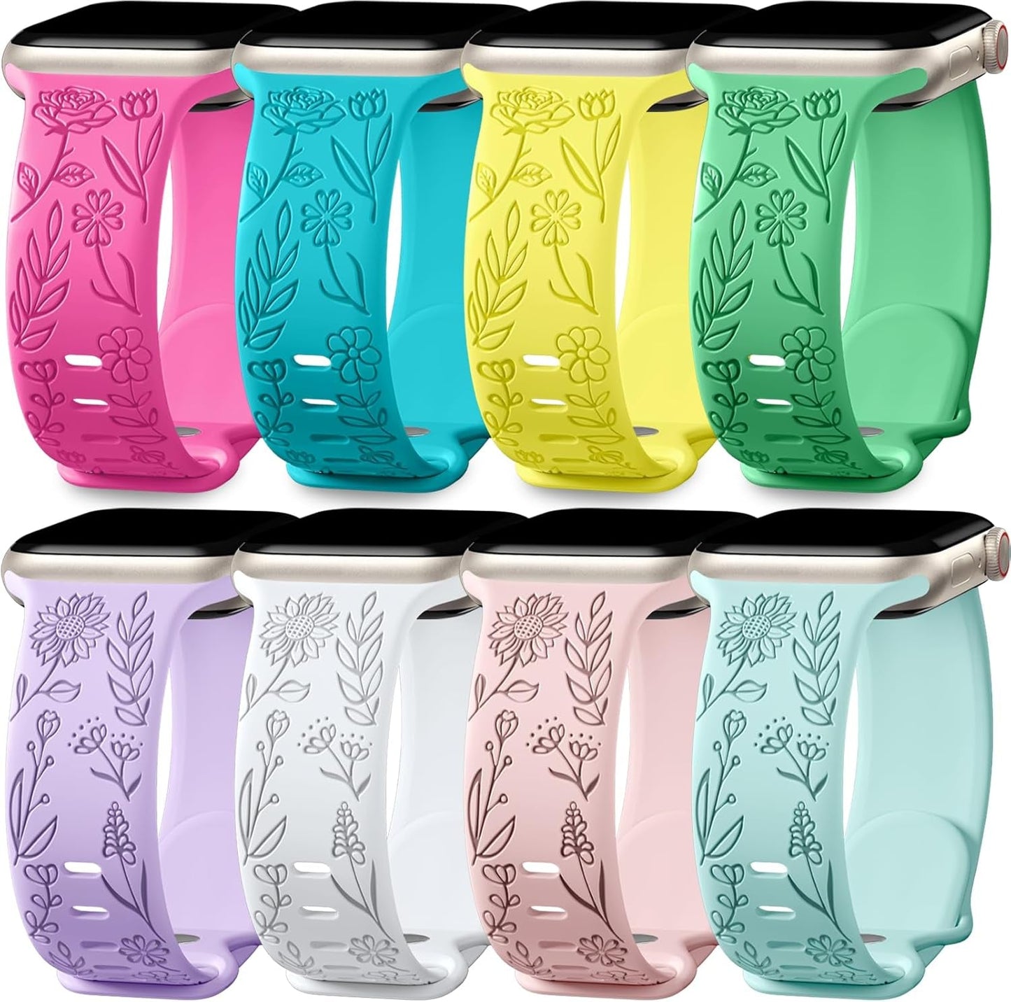 Easuny 8 Pack Bands for Women Apple Watch 40Mm 41Mm 38Mm 42Mm 44Mm 45Mm 49Mm Iwatch Series 9 8 7 6 5 4 3 Ultra 2/1 SE SE 2Nd, Soft Silicone Floral Engraved Dressy Wrist Straps