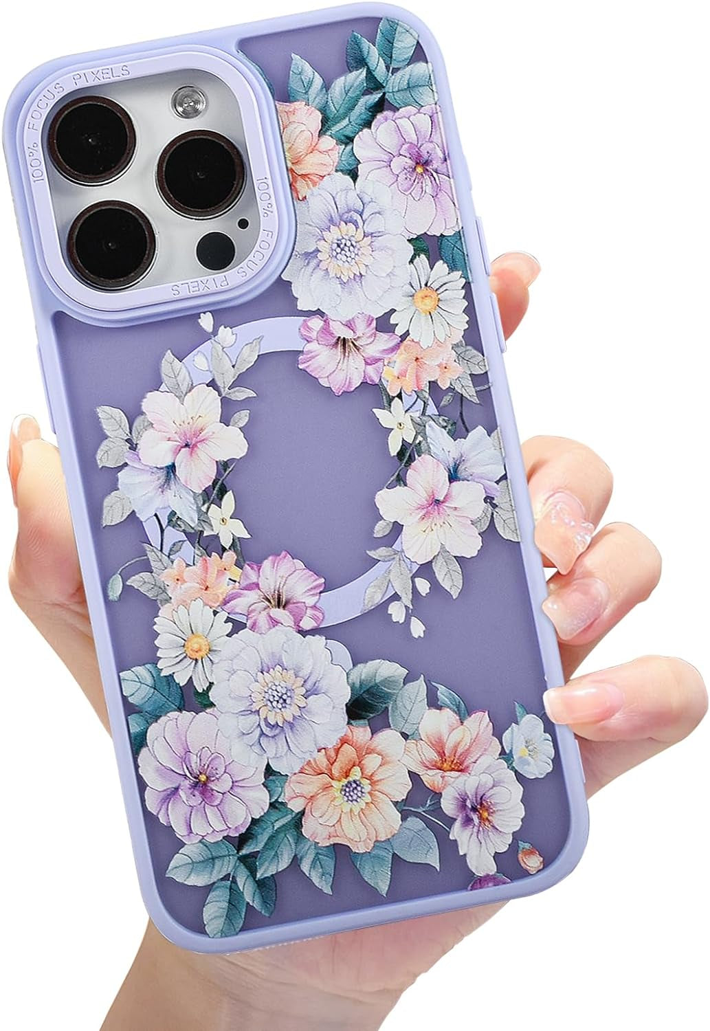 Eiyikof Compatible with Iphone 15 Pro Magnetic Matte Translucent Case [Luxury Shockproof Magsafe Case] [Cute Flower Pattern Hard Back Cover] Iphone 15 Pro Case for Women Girls-Purple Floral  Eiyikof Purple A Iphone 12 Pro Max 
