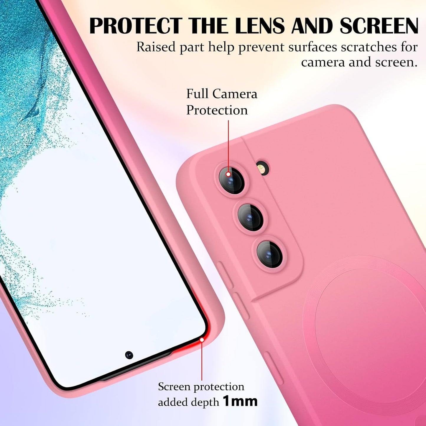 For Samsung Galaxy S22 plus 5G Magnetic Case, Luxury Cute Soft Liquid Silicone Case Bumper Anti-Scratch Shockproof Full Camera Protector Multicolor Cover for Samsung Galaxy S22 Plus-Pink Red