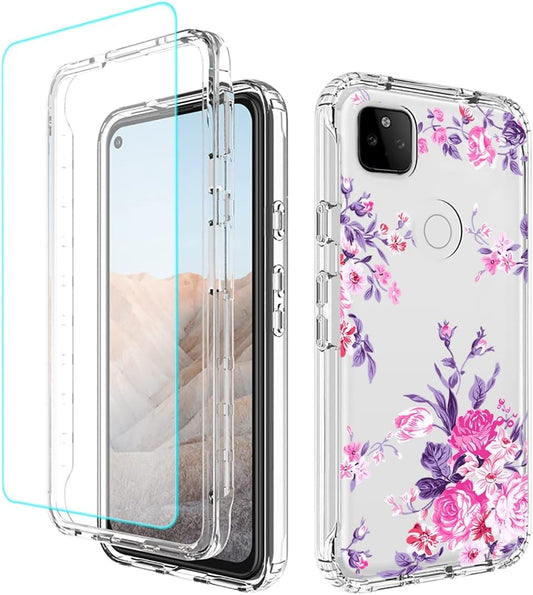 Case for Google Pixel 5A 5G Case with Tempered Glass Screen Protector, Full Body Shockproof Clear Floral Soft TPU Slim Phone Protective Armor Cover for Google Pixel 5A 5G (Rose Flower)  Sidande   