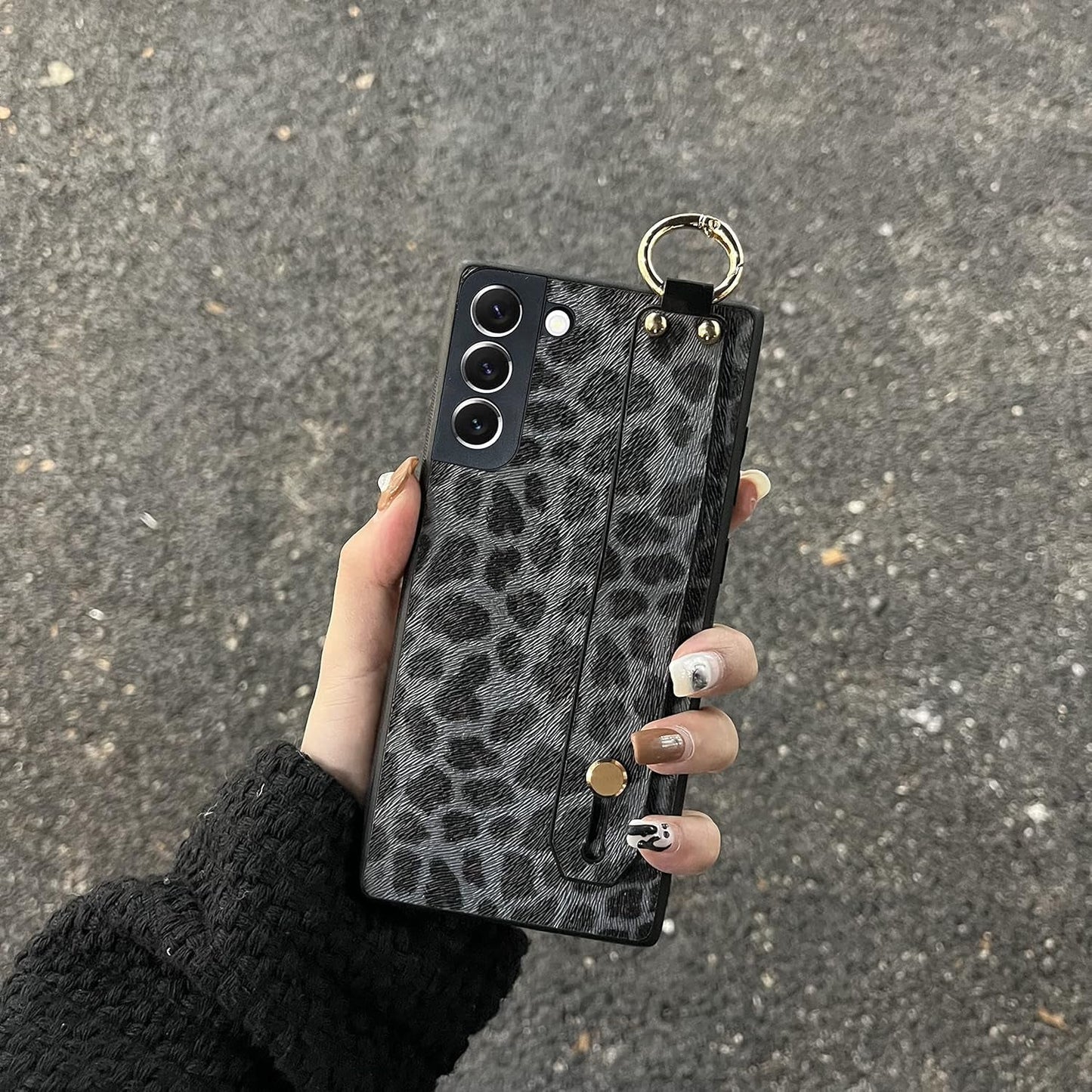 For Galaxy S22 Plus, Leopard Print Pattern Luxury Design with Hand Strap Kickstand Stylish Leather Back Soft Slim Phone Cover Protective Trunk Case for Samsung Galaxy S22 plus 5G 2020