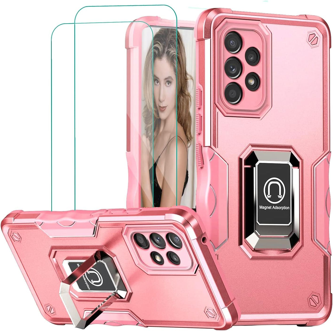 For Samsung Galaxy A53 Case with Tempered Glass Screen Protector [2 Pack],Galaxy A53 5G Military Grade Shockproof Protective & Built in Metal Ring Magnetic Kickstand Cover (Black)