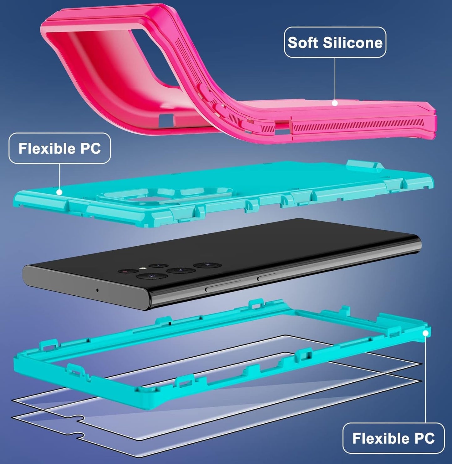 Annymall for Samsung Galaxy S22 Ultra Case with 2 Screen Protector, Full Body Heavy Duty Shockproof Drop-Proof Phone Case Rugged 3-Layer Defender Protective Cover for Samsung Galaxy S22 Ultra (Pink)
