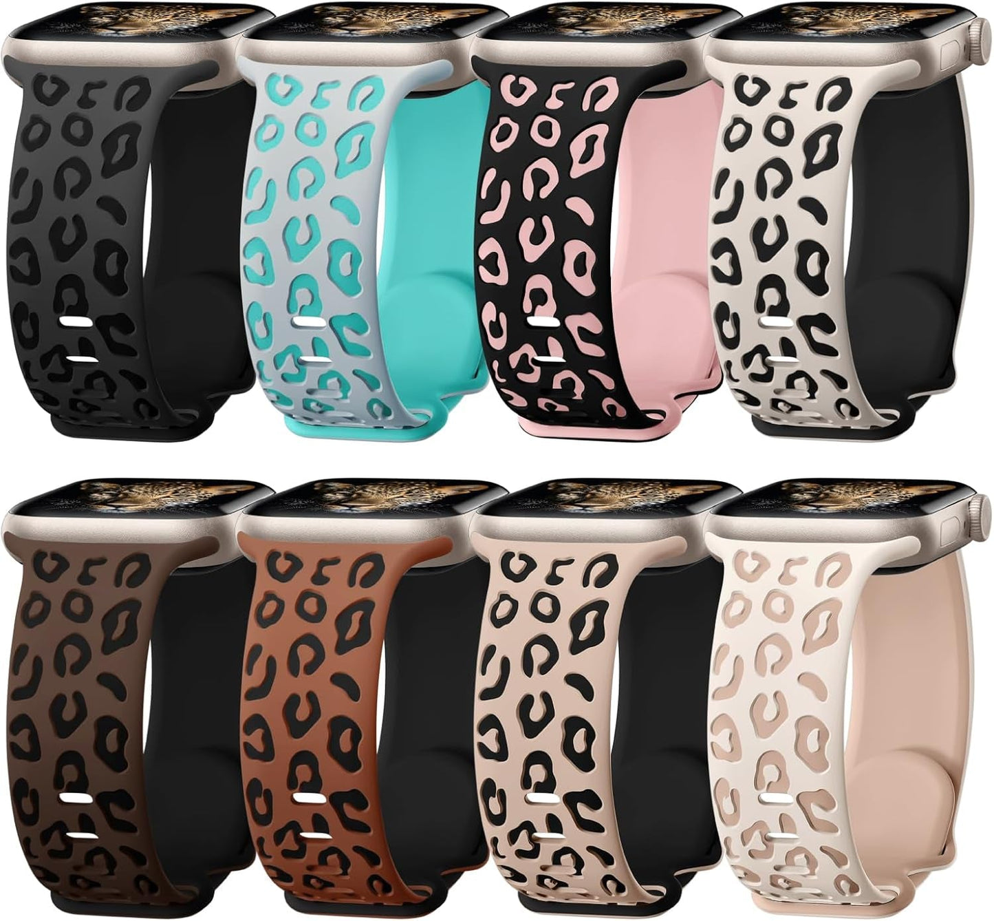 8 Pack Leopard Engraved Bands Compatible for Apple Watch Band 41Mm 40Mm 38Mm 49Mm 45Mm 44Mm 42Mm Women, Cheetah Soft Silicone Sport Wristband Strap for Iwatch Series 9 8 7 6 5 4 3 2 1 Ultra Ultra 2 SE