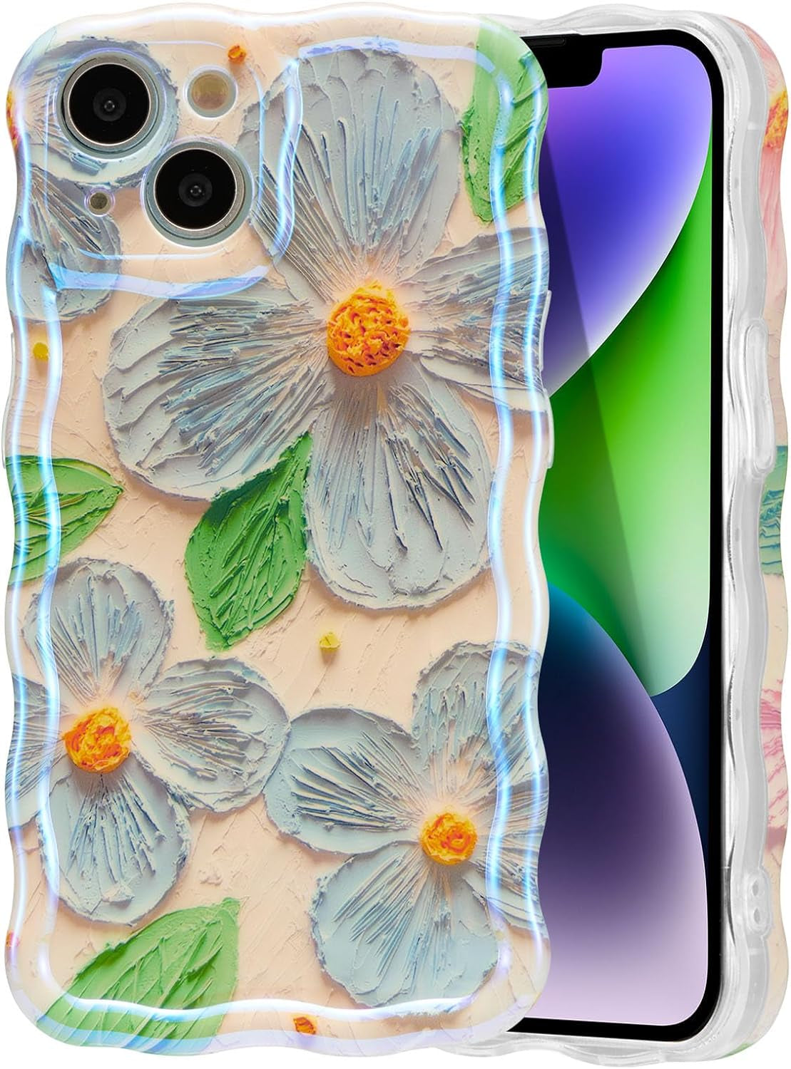 EYZUTAK Case for Iphone 14 Pro, Colorful Retro Oil Painting Flower Leaf Laser Glossy Pattern Cute Curly Wave Edge Exquisite Phone Cover Stylish Durable TPU Protective Case for Girls Women - Blue Green  EYZUTAK Blue Green Iphone 15 