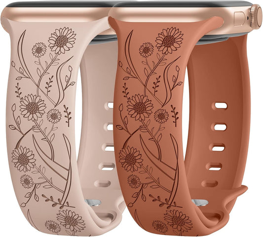 2 Packs Cute Engraved Bands Compatible with Apple Watch Bands 38Mm 40Mm 41Mm 44Mm 45Mm 42Mm 49Mm, Women Designer Soft Silicone Replacement Strap for Iwatch Series SE 9 8 7 6 5 4 3 2 1 Ultra