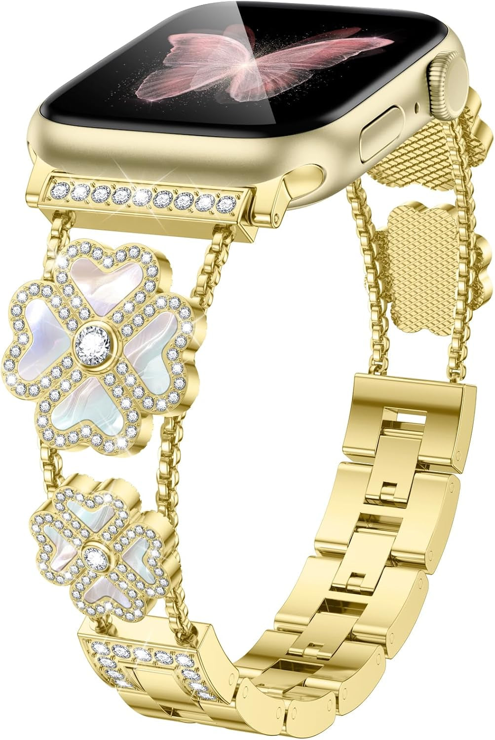 Diamond Metal Band Compatible with Apple Watch Bands Women 38Mm 40Mm 41Mm 42Mm 44Mm 45Mm 49Mm, Fashion Four Leaf Clover Jewelry Bracelets Straps for Iwatch SE Series 9 8 7 6 5 4 3 2 1 Ultra