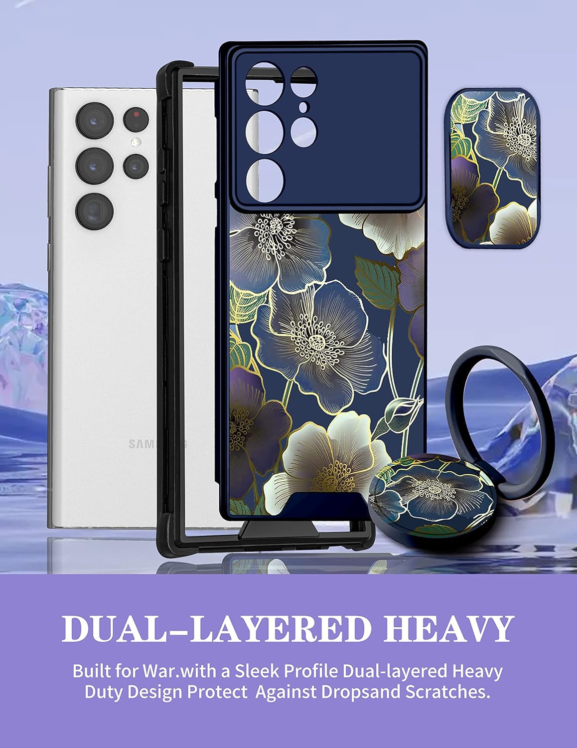 Goocrux (2In1 for Samsung Galaxy S22 Ultra Case Flower Floral for Women Girls Girly Pretty Cute Phone Cover with Slide Camera Cover+Ring Holder Fashion Pattern Unique Design Cases for S22 Ultra 6.8''