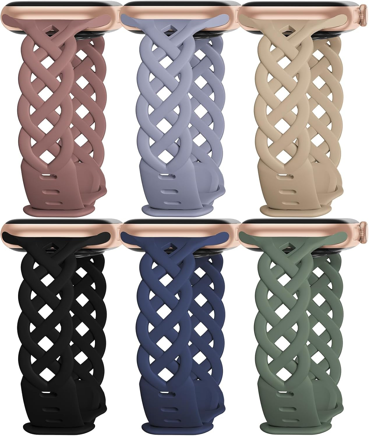 6 Pack Braided Silicone Bands Compatible with Apple Watch Band/Iwatch Bands Women 38Mm 40Mm 41Mm 44Mm 45Mm, Slim Replacement Strap Breathable Sport Wristband for Iwatch Series 9 SE 8/7/6/5/4/3/2/1