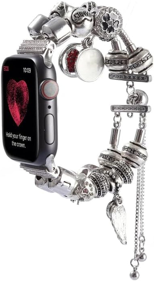 DIY Strap for Apple Watch Band Apple Watch Band with Charms Silver Color with a Heart. Fits with Pandora Beads and Pandora Charms.