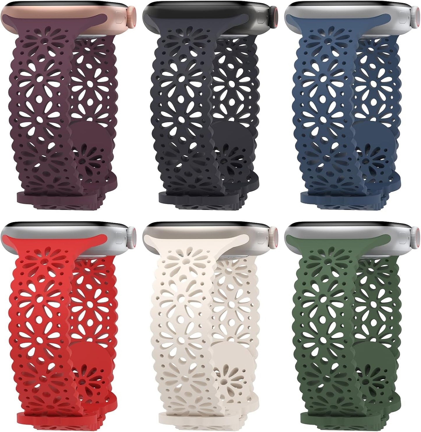 6 Pack Lace Hollow-Out Silicone Bands Compatible with Apple Watch 38Mm 40Mm 41Mm 42Mm 44Mm 45Mm 49Mm, Slim Thin Sport Strap Wristbands for Iwatch Ultra/Ultra 2 SE Series 9/8/7/6/5/4/3/2/1 Women Girls