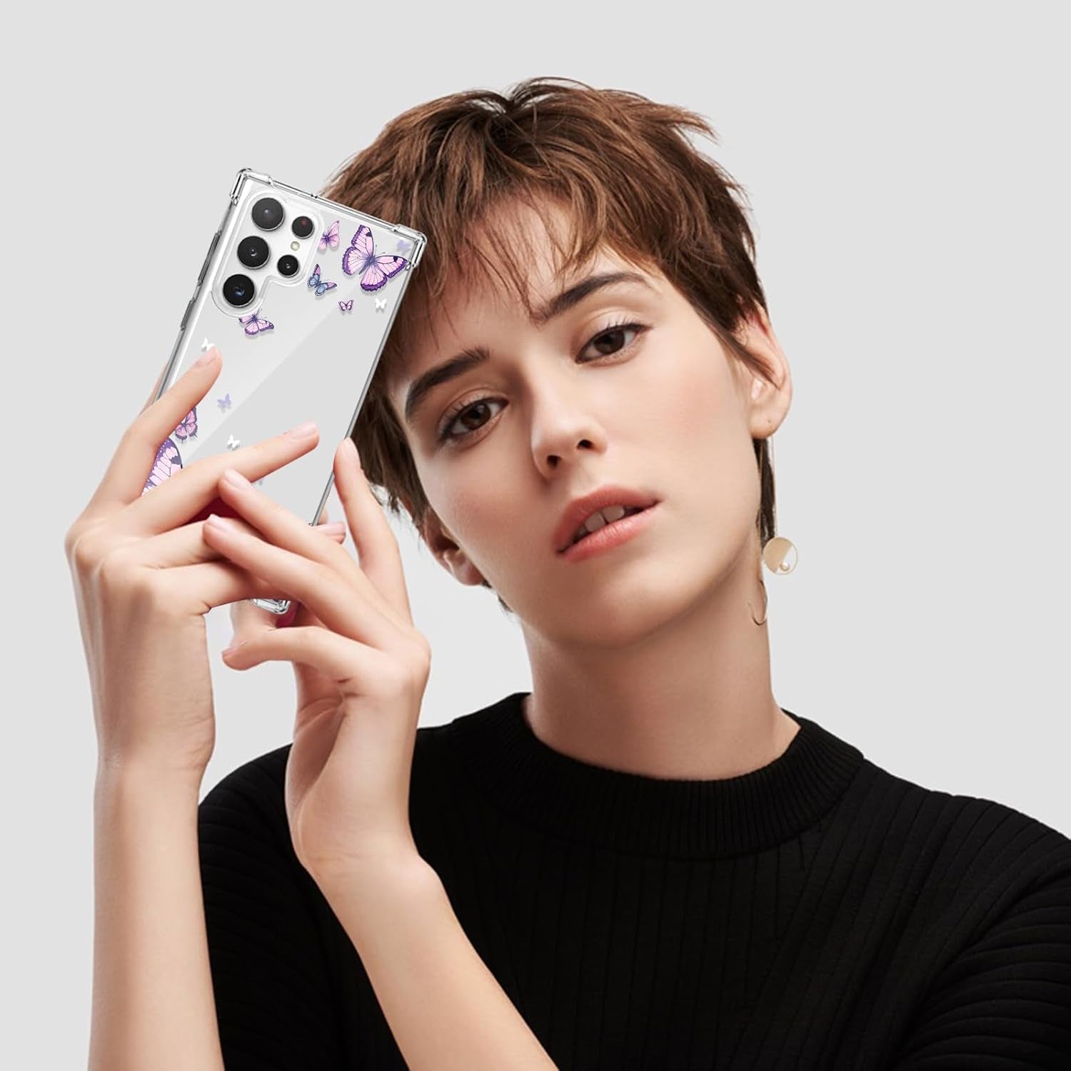 For Samsung Galaxy S22 Ultra Case,Alluring Purple Butterfly Pattern anti Yellowing Slim Hard Cases,Hard PC + TPU Bumper Clear Shockproof Protective Women Phone Cover - Purple