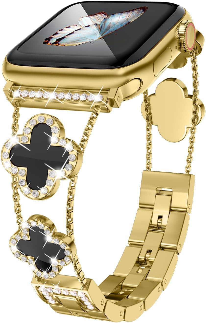 Diamond Metal Band Adds Sparkle to Your Watch - Compatible with Apple Watch Series 8/7/6/5/4/3/2/1Se/Ultra - Clover Is Simple and Stylish, Fits Women'S Sizes 38Mm 40Mm 41Mm 42Mm 44Mm 45Mm 49Mm.(Gold/Black, 42Mm/44Mm/45Mm)