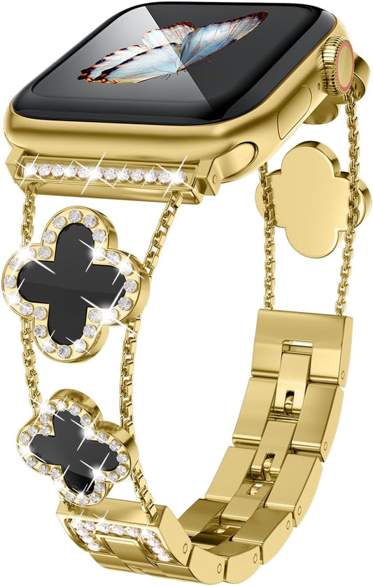 Diamond Metal Band Adds Sparkle to Your Watch - Compatible with Apple Watch Series 8/7/6/5/4/3/2/1Se/Ultra - Clover Is Simple and Stylish, Fits Women'S Sizes 38Mm 40Mm 41Mm 42Mm 44Mm 45Mm 49Mm.(Gold/Black, 42Mm/44Mm/45Mm)