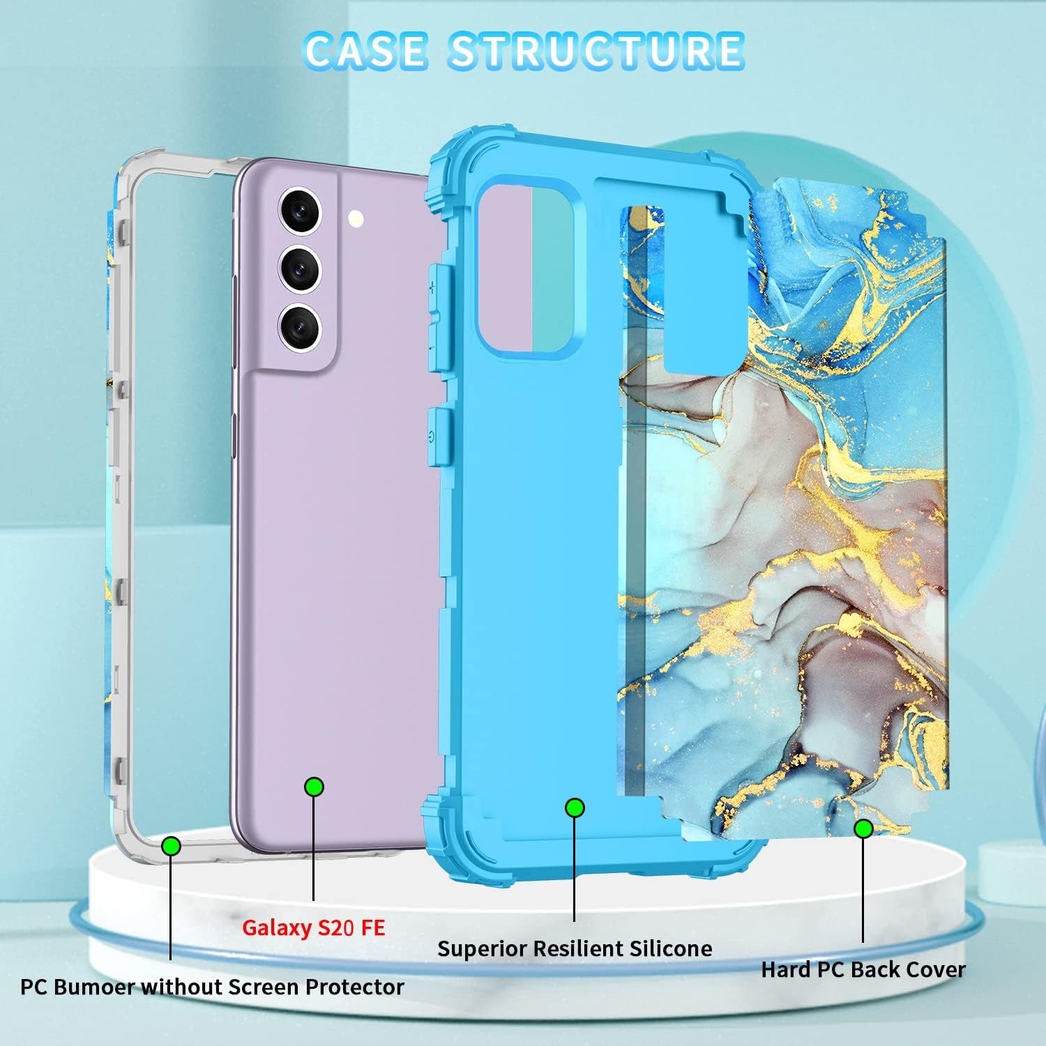For Galacy S20 FE 5G Case,Marble Design Three Layer Heavy Duty Shockproof Protection Hard Plastic Bumper Soft Silicone Rubber Drop Protective Cover Case for Galaxy S20 FE 6.5 Inch,(Blue)