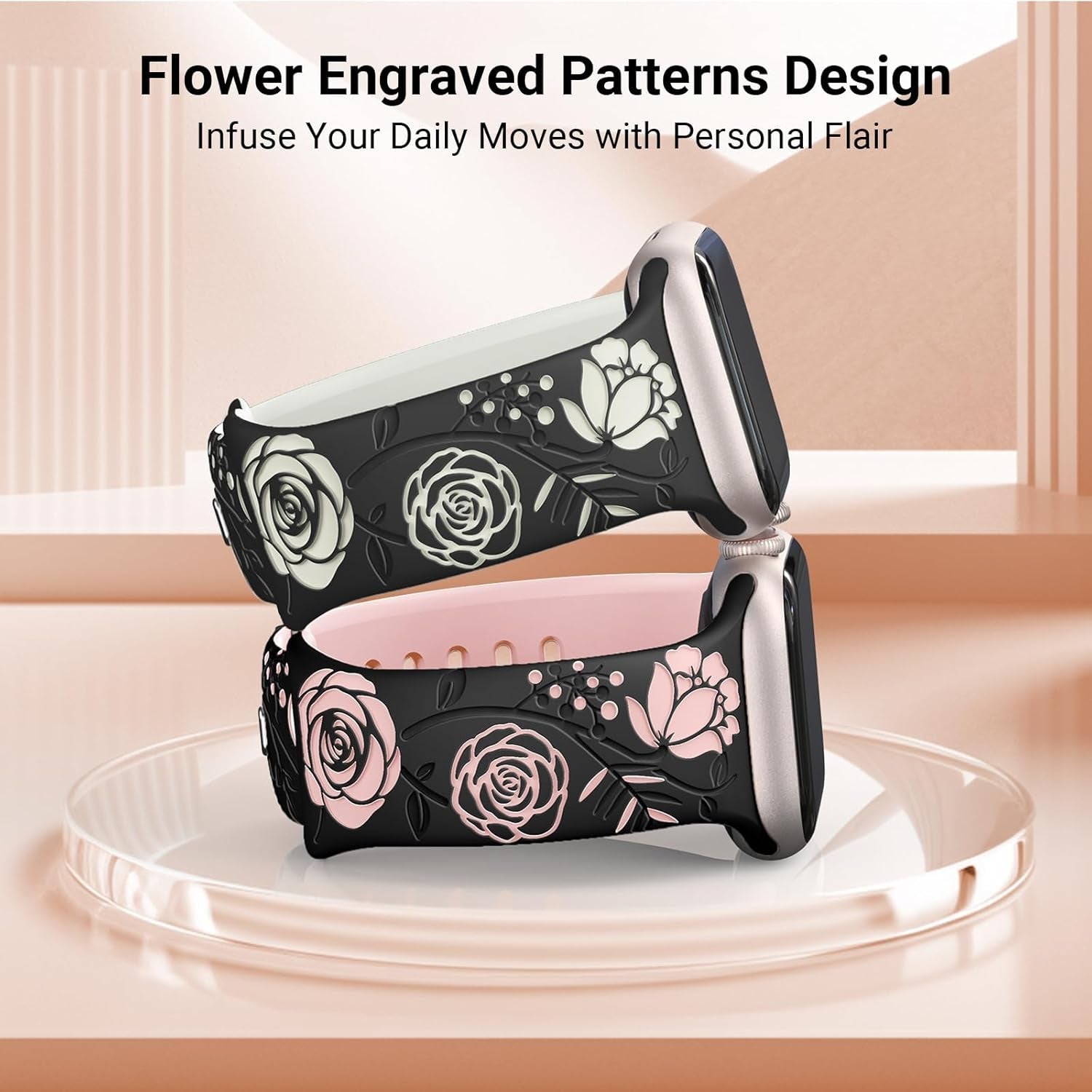 Floral Engraved Band Compatible with Apple Watch Bands 40Mm 44Mm 41Mm 45Mm 49Mm 38Mm 42Mm Women,Designer Cute Flower Pattern Soft Silicone Sport Strap for Iwatch Ultra SE Series 9 8 7 6 5 4 3 2 1