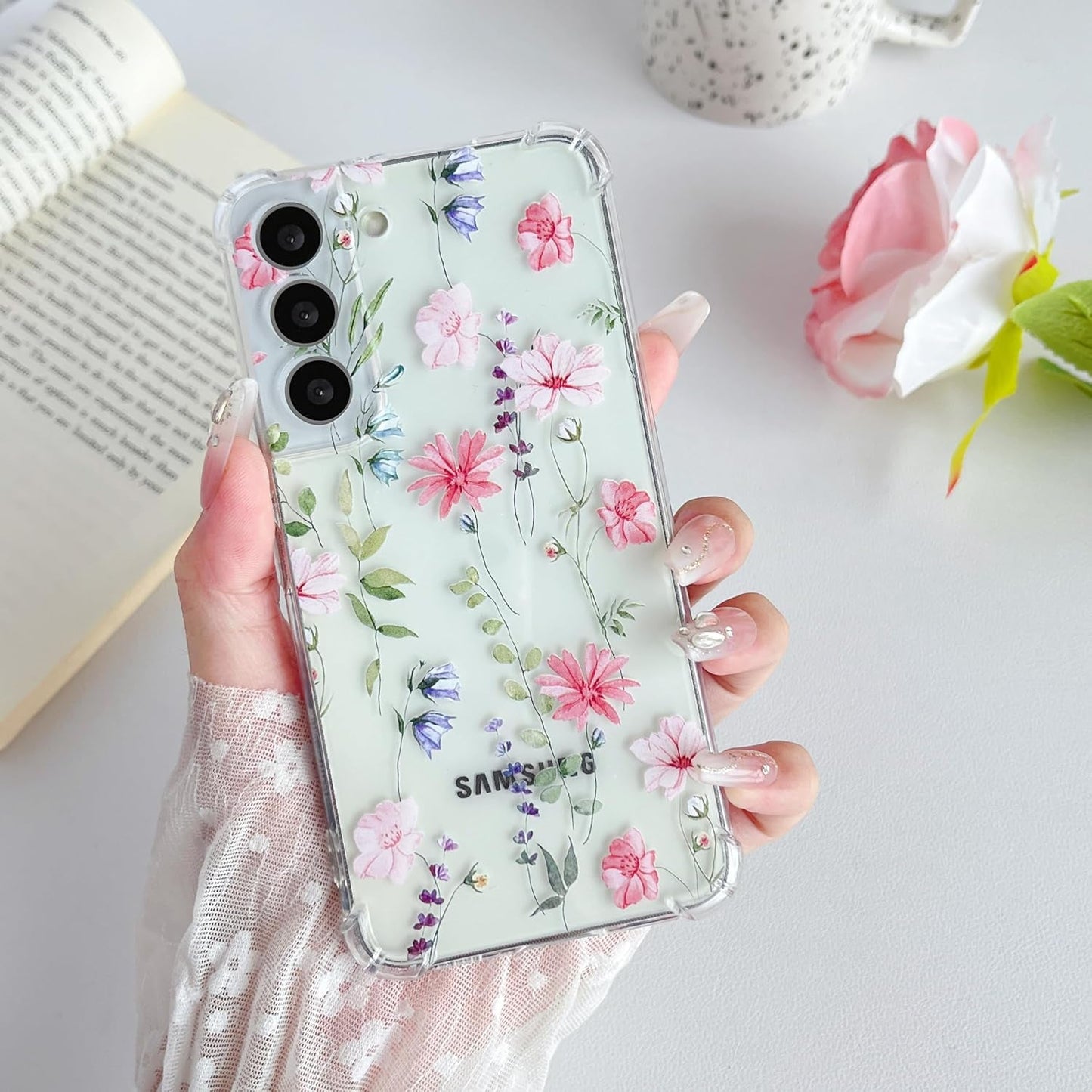DEFBSC Soft Case Compatible with Samsung Galaxy S22 Plus, Clear Floral Flower Pattern Print Design Flexible TPU Shockproof Cover for Women Girls,Flower Protective Phone Case, Purple Peony