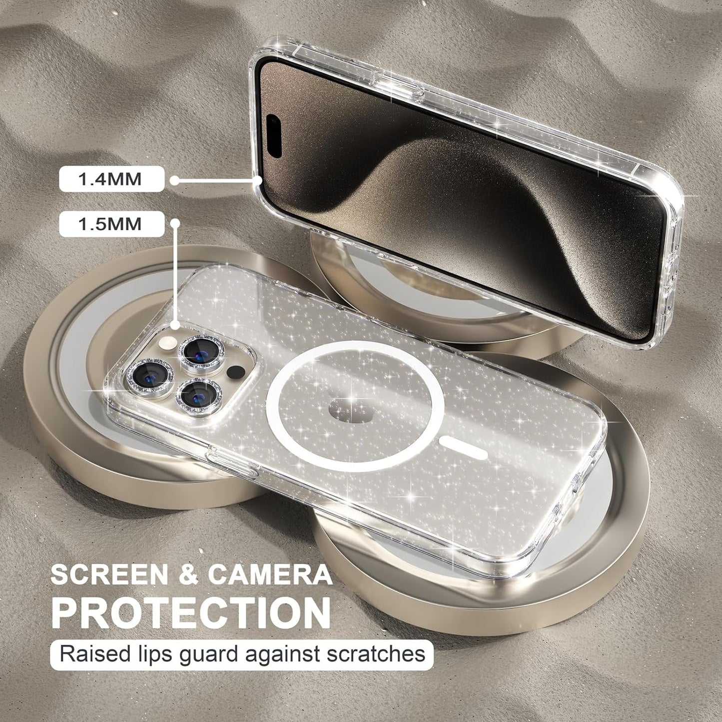 Choiche for Iphone 15 Pro Case Magnetic, Women Clear Glitter Bling Sparkly Case, [3Xdiamond Camera Lens Protectors] [2Xtempered Glass Screen Protectors] [Compatible Magsafe] (Glitter Clear)  Choiche   