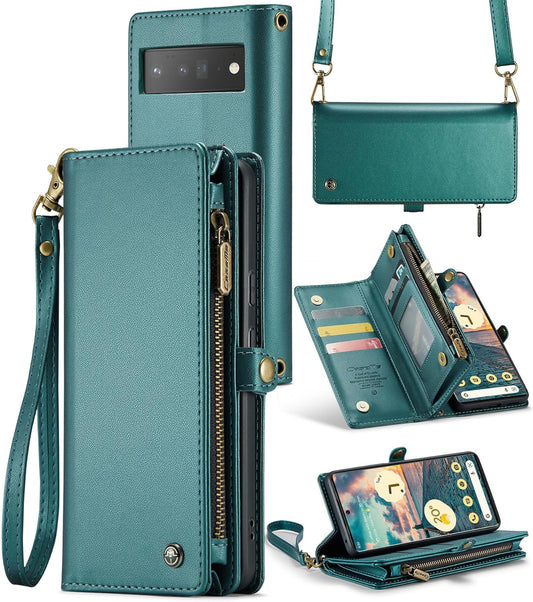 ASAPDOS Google Pixel 6 Pro 5G Case Wallet,Retro PU Leather Strap Wristlet Flip Case with Magnetic Closure,[Rfid Blocking] Card Holder and Kickstand for Men Women Blue-Green  haisi Blue-Green  