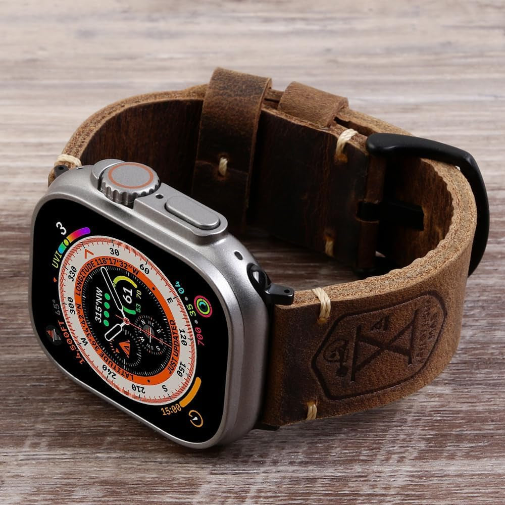 Band Compatible with Apple Watch Ultra 2/1 49Mm 45Mm 44Mm 42Mm 41Mm 40Mm 38Mm Series 9/8/SE/7/6/5/4/3/2, Vintage Leather Iwatch Strap for Men Women