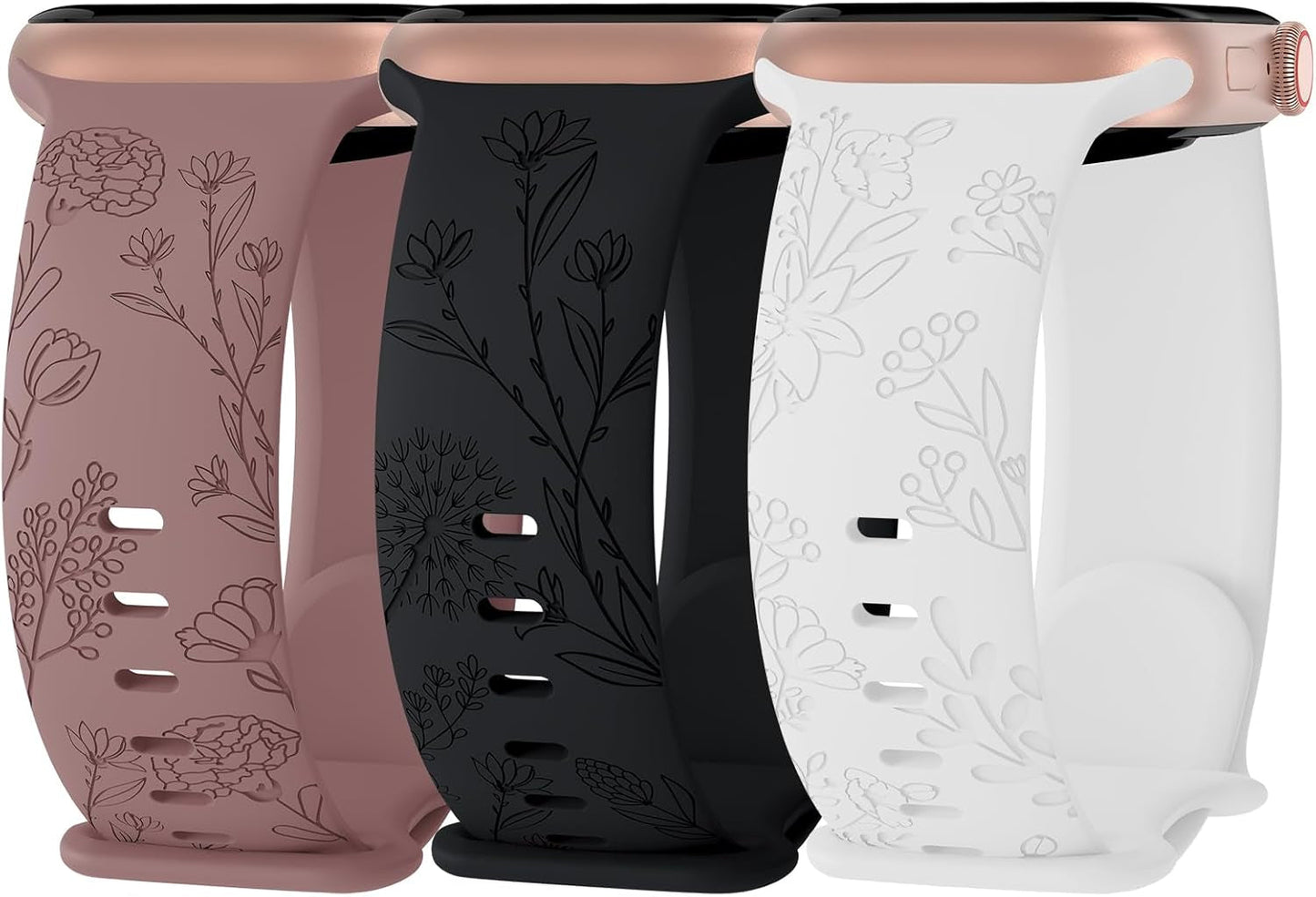 3 Pack Floral Engraved Silicone Bands Compatible with Apple Watch Band 38Mm 40Mm 41Mm 42Mm 44Mm 45Mm 49Mm Women, Soft Sport Wildflower Strap for Iwatch Ultra Series 9 8 SE 7 6 5 4 3 2 1