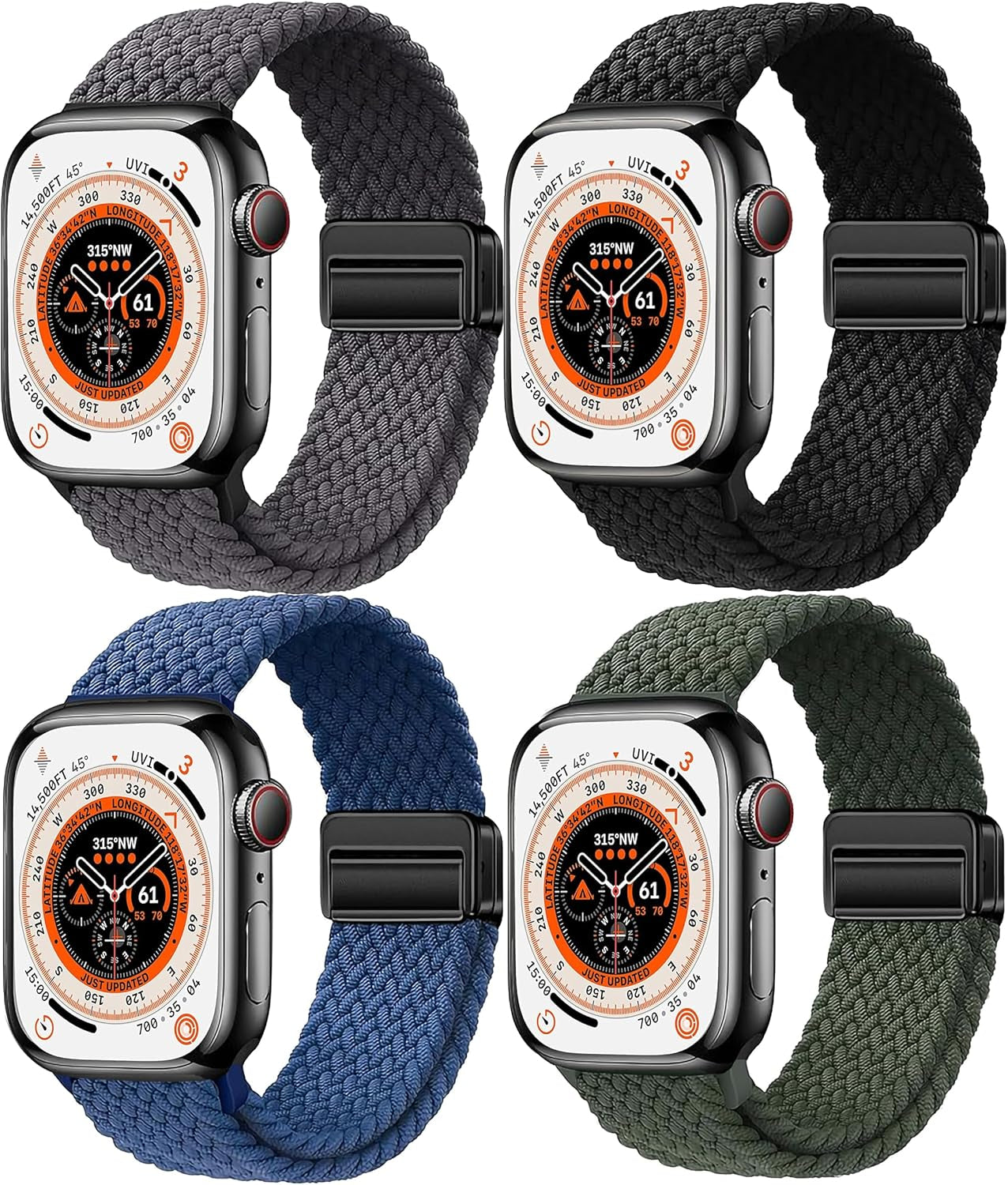 4 Pack Braided Magnetic Band Compatible with Apple Watch Women Men Kids 49Mm 45Mm 44Mm 42Mm 41Mm 40Mm 38Mm, Stretchy Nylon Sport Loop Strap for Iwatch Ultra 2/1 Series 9 8 SE 7 6 5 4 3 2 1