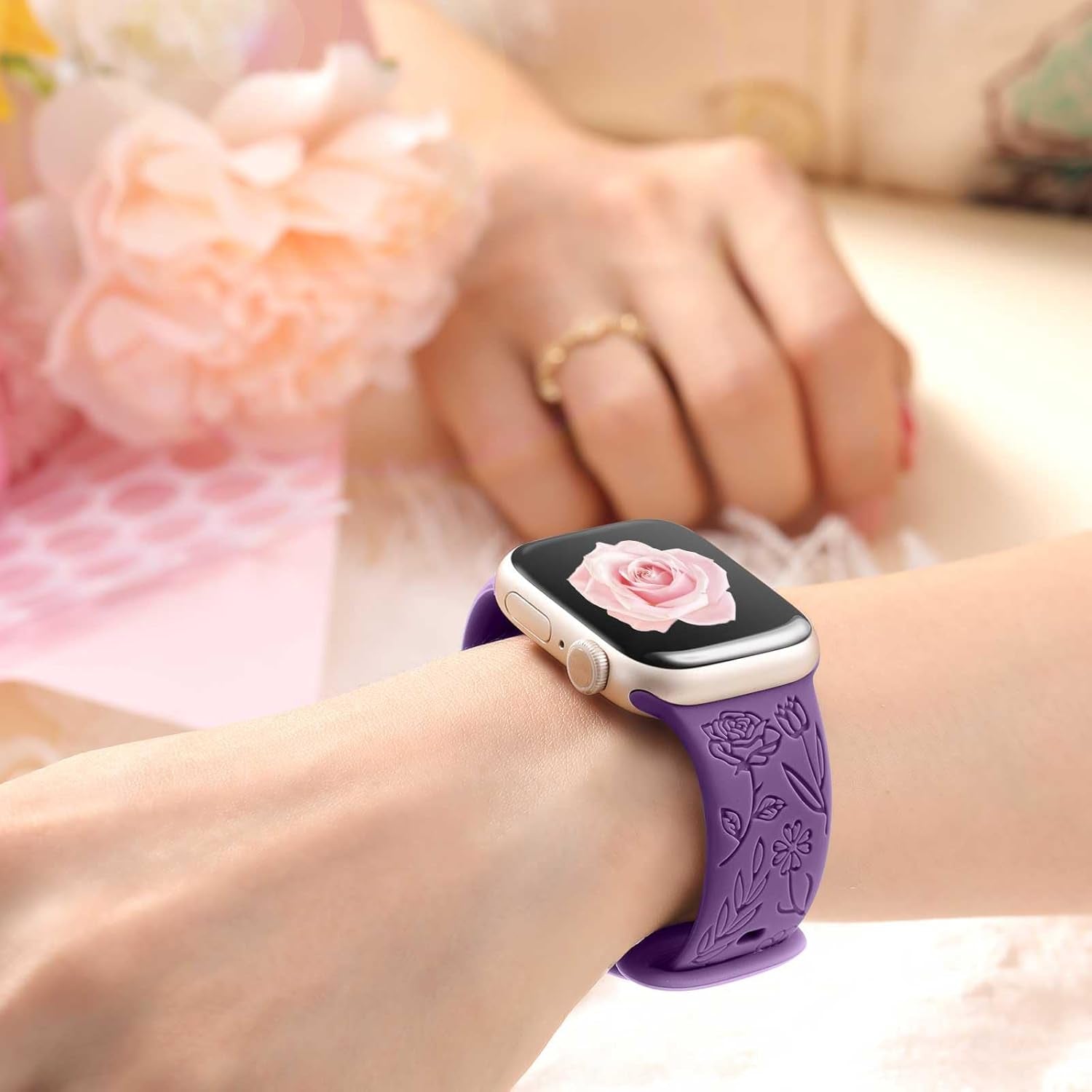 6 Pack Floral Engraved Bands Compatible with Apple Watch Band 44Mm 40Mm 38Mm 41Mm 45Mm 49Mm 42Mm Women, Soft Silicone Cute Flower Pattern Sport Strap for Iwatch Bands Series Ultra Ultra 2 SE 9 8 7 6 5 4 3 2 1