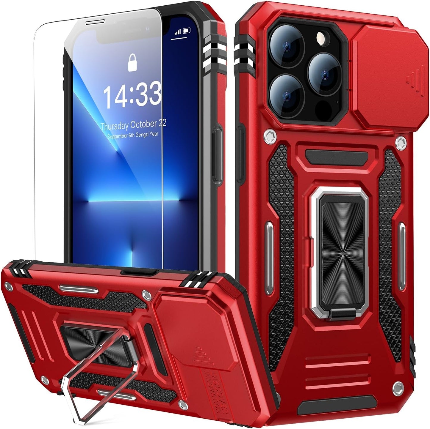 Goodon for Iphone 14 Pro Max Case with Slide Camera Cover + Screen Protector, Built in Rotated Ring Magnetic Kickstand Military Grade Shockproof Protective Phone Case 6.7" Pale - Green  Goodon Red Iphone 14 Pro 6.1" 