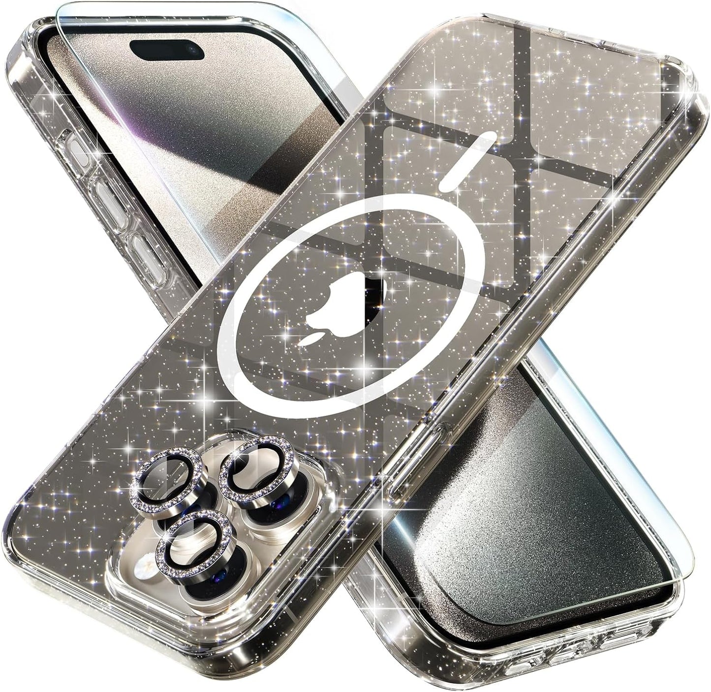 Choiche for Iphone 15 Pro Case Magnetic, Women Clear Glitter Bling Sparkly Case, [3Xdiamond Camera Lens Protectors] [2Xtempered Glass Screen Protectors] [Compatible Magsafe] (Glitter Clear)  Choiche Glitter Gray  
