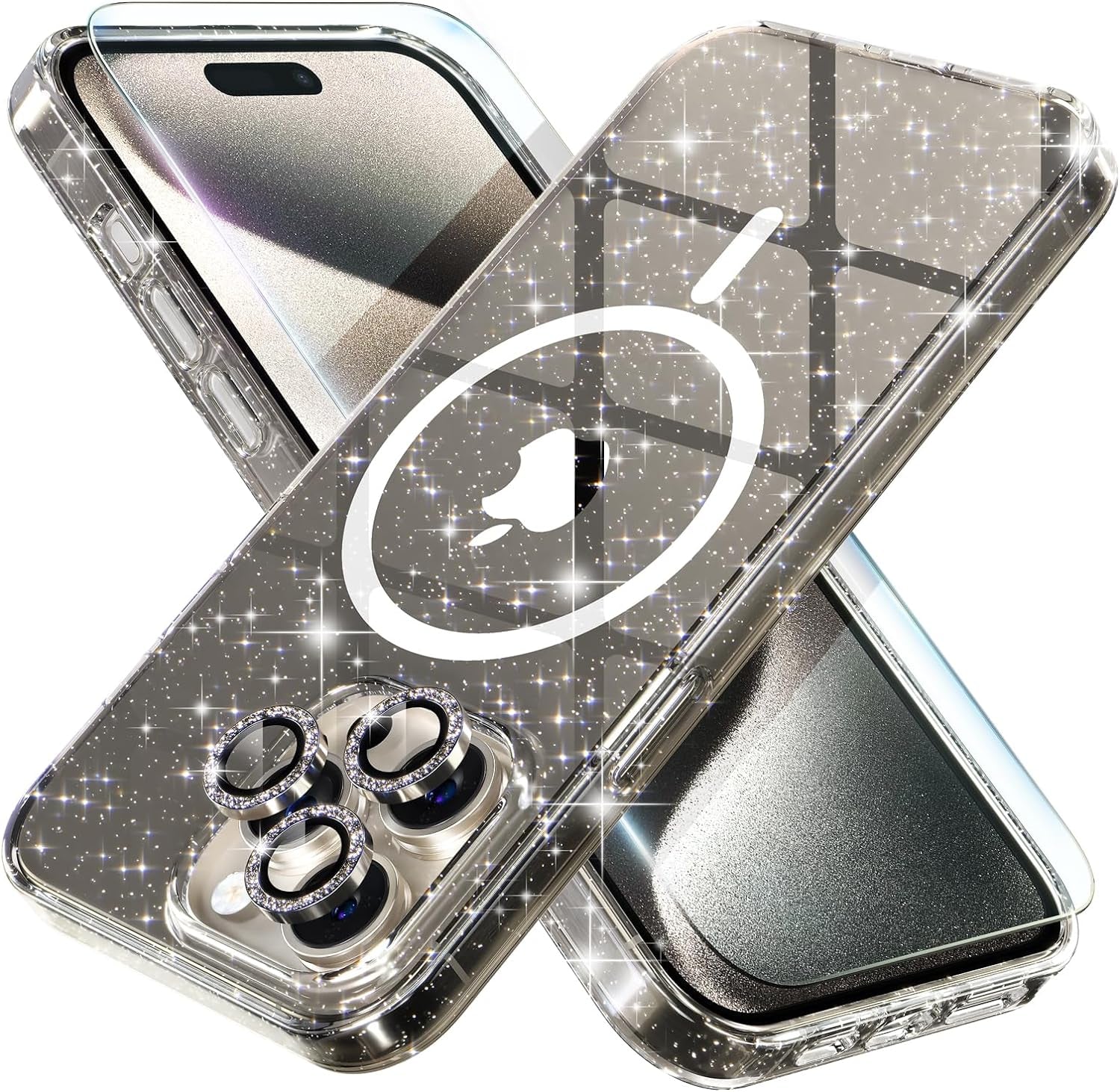 Choiche for Iphone 15 Pro Case Magnetic, Women Clear Glitter Bling Sparkly Case, [3Xdiamond Camera Lens Protectors] [2Xtempered Glass Screen Protectors] [Compatible Magsafe] (Glitter Clear)  Choiche Glitter Gray  