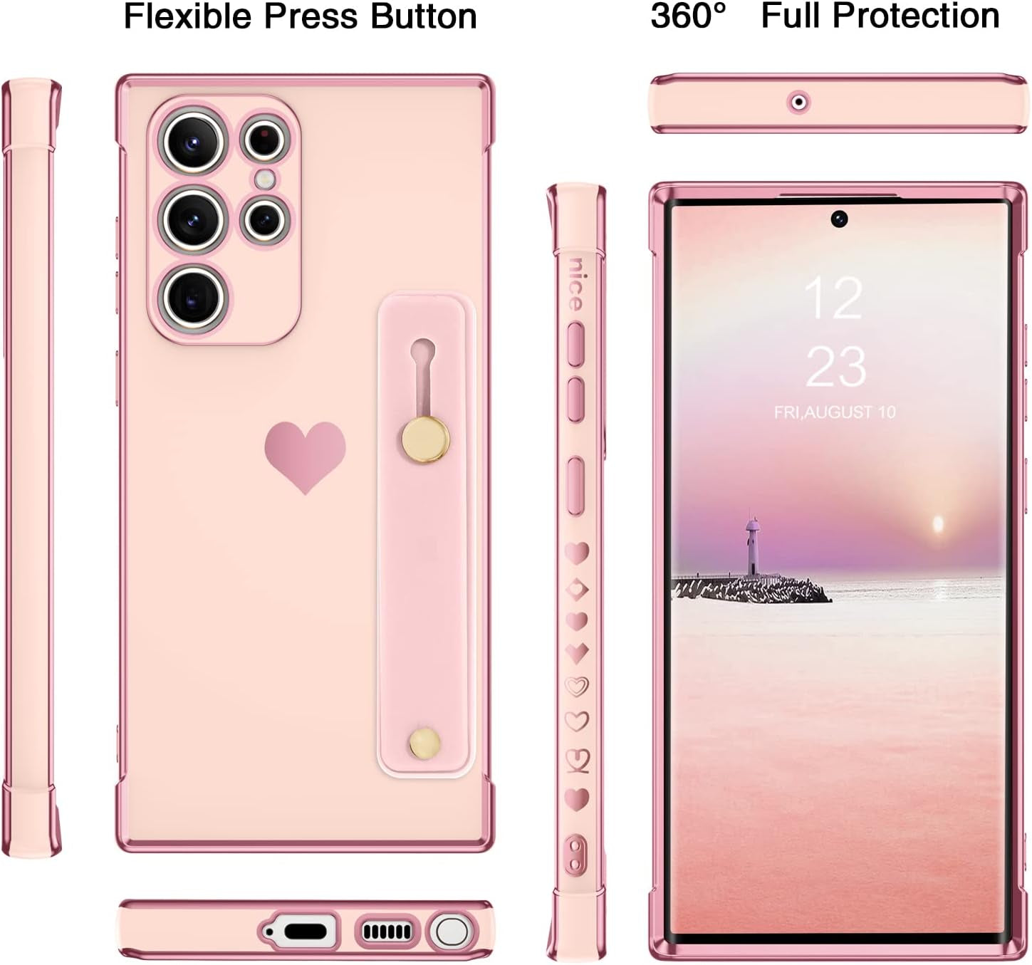BENTOBEN Galaxy S22 Ultra Case,Slim Luxury Heart Design Plated Soft Bumper Women Men Girl Protective Case Cover with Strap for Samsung Galaxy S22 Ultra 6.8 Inch,Pink/Gold