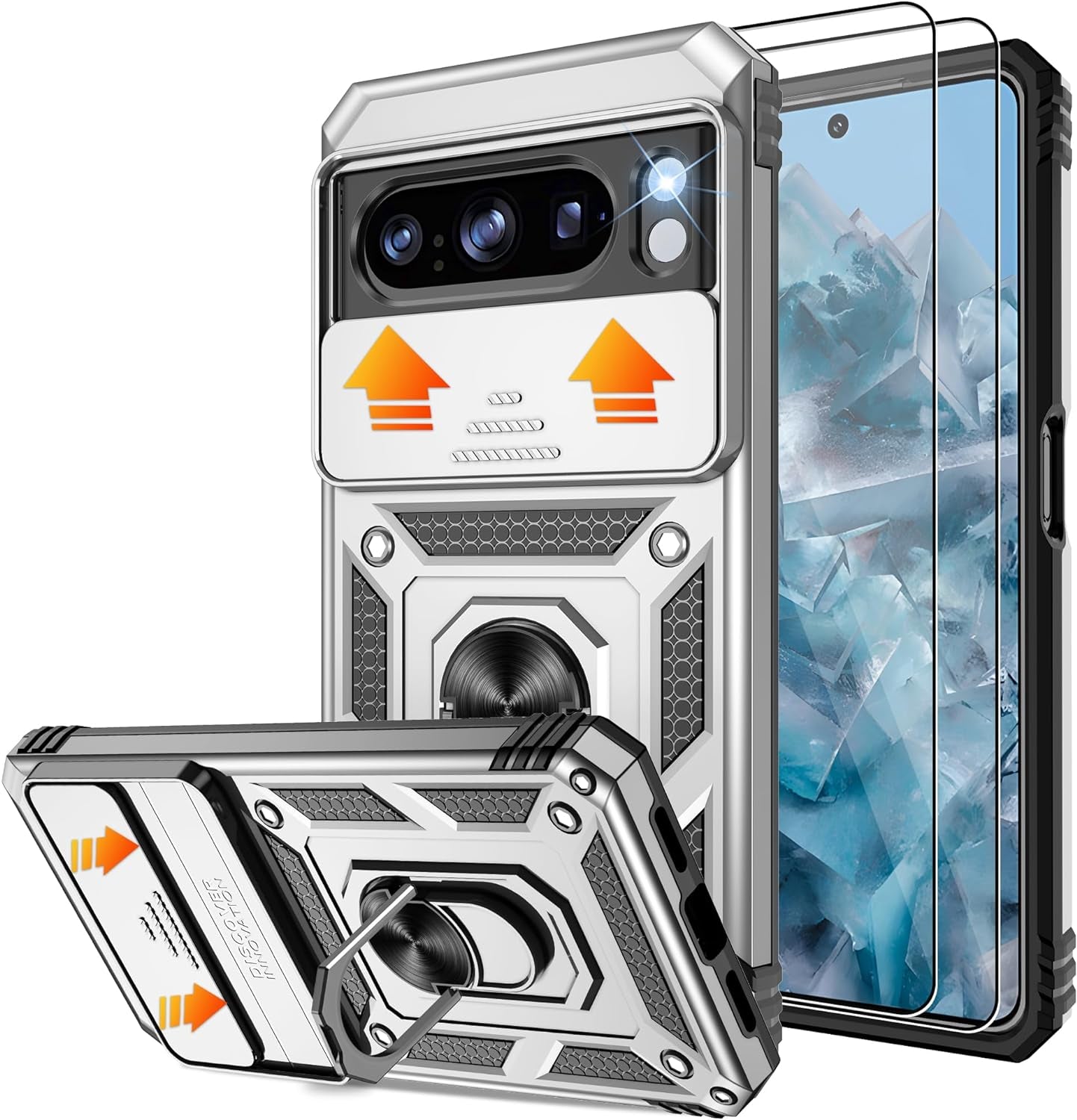 Fit for Google Pixel 8 5G Case with Screen Protector (2 Pack) & Slide Camera Cover, Build in 360° Magnetic Rotating Ring Kickstand [Military Grade] Protective Case for Pixel 8 Case, Green  Gritup Silver Google Pixel 8 Pro 6.7" 