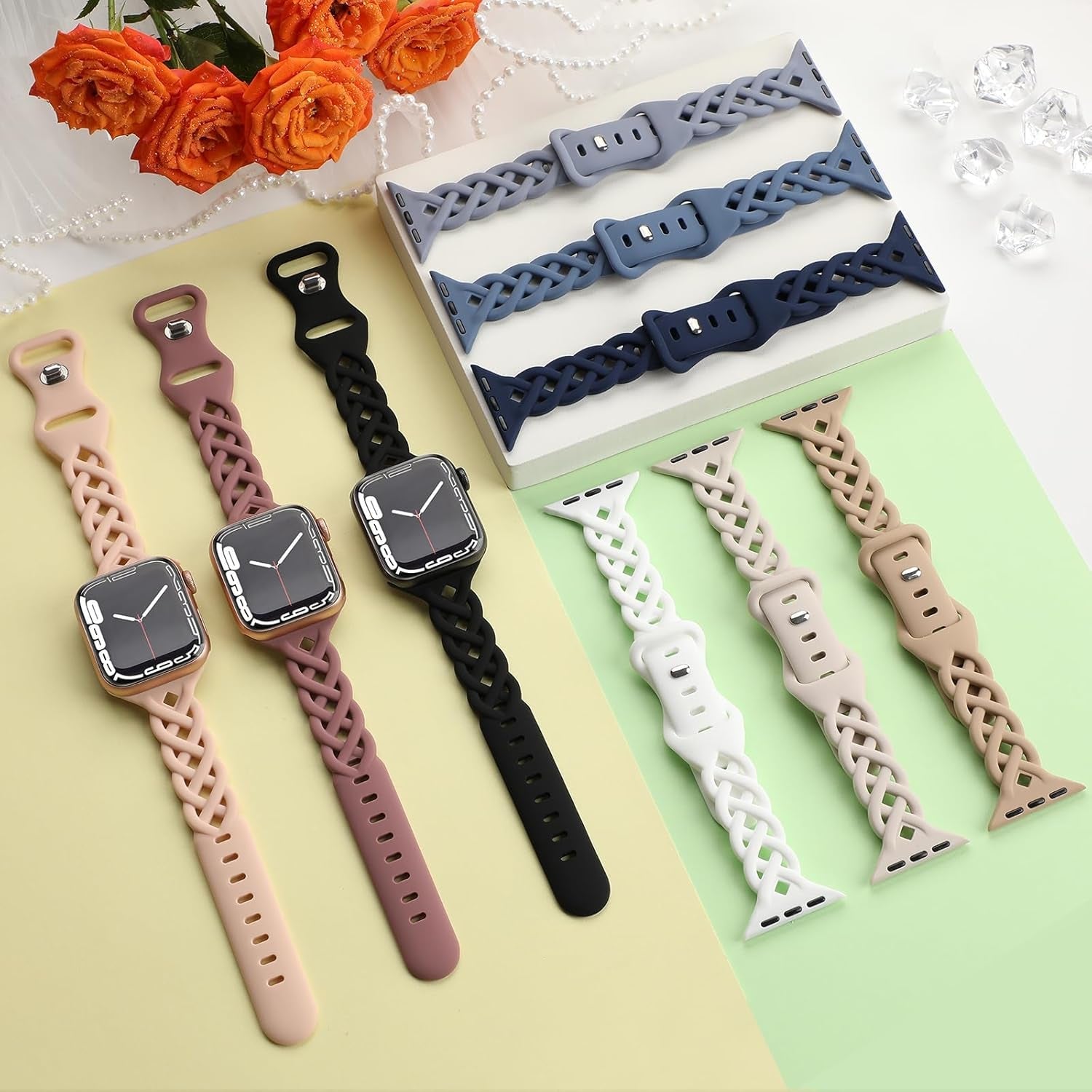 6 Pack Braided Silicone Bands Compatible with Apple Watch Band/Iwatch Bands Women 38Mm 40Mm 41Mm 44Mm 45Mm, Slim Replacement Strap Breathable Sport Wristband for Iwatch Series 9 SE 8/7/6/5/4/3/2/1