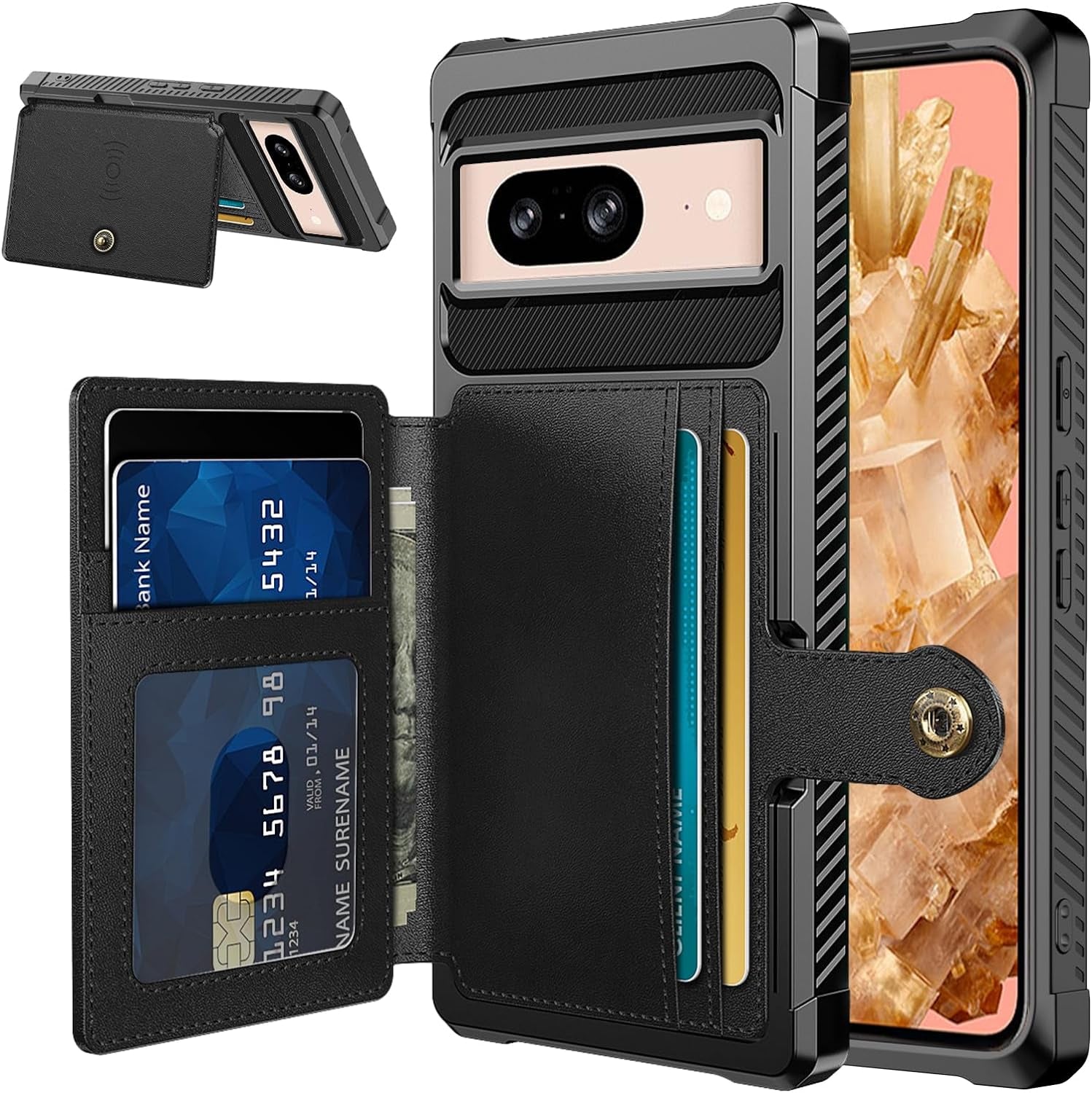 For Google Pixel 8 Pro Case with Card Holder(5 Cards), Google 8 Pro Wallet Case Built-In Kickstand Magnetic Flip Snap Soft TPU+PU Leather Durable Shockproof Case for Google 8 Pro (Black)  GooseBox Black Google Pixel 8 