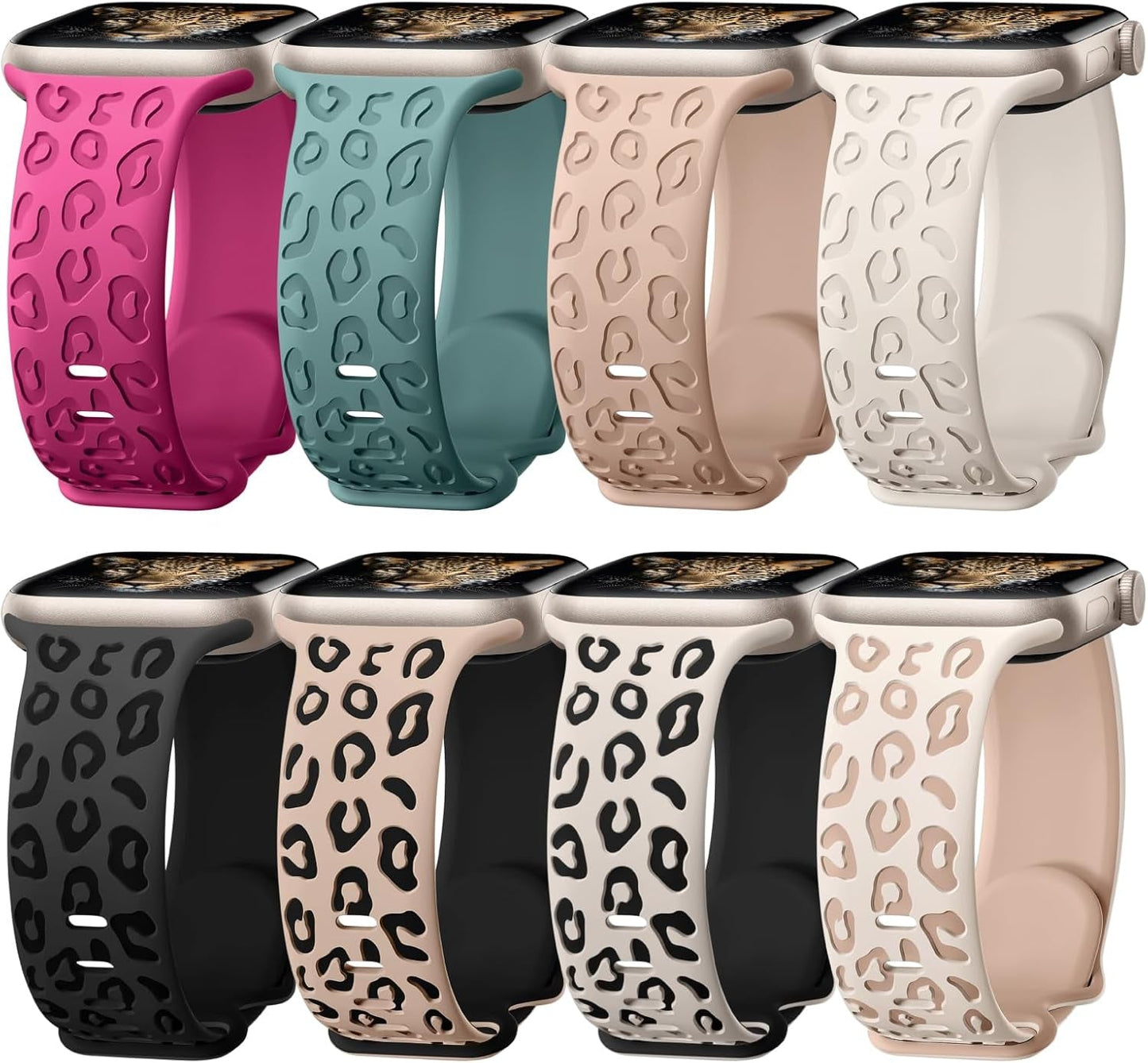 8 Pack Leopard Engraved Bands Compatible for Apple Watch Band 41Mm 40Mm 38Mm 49Mm 45Mm 44Mm 42Mm Women, Cheetah Soft Silicone Sport Wristband Strap for Iwatch Series 9 8 7 6 5 4 3 2 1 Ultra Ultra 2 SE
