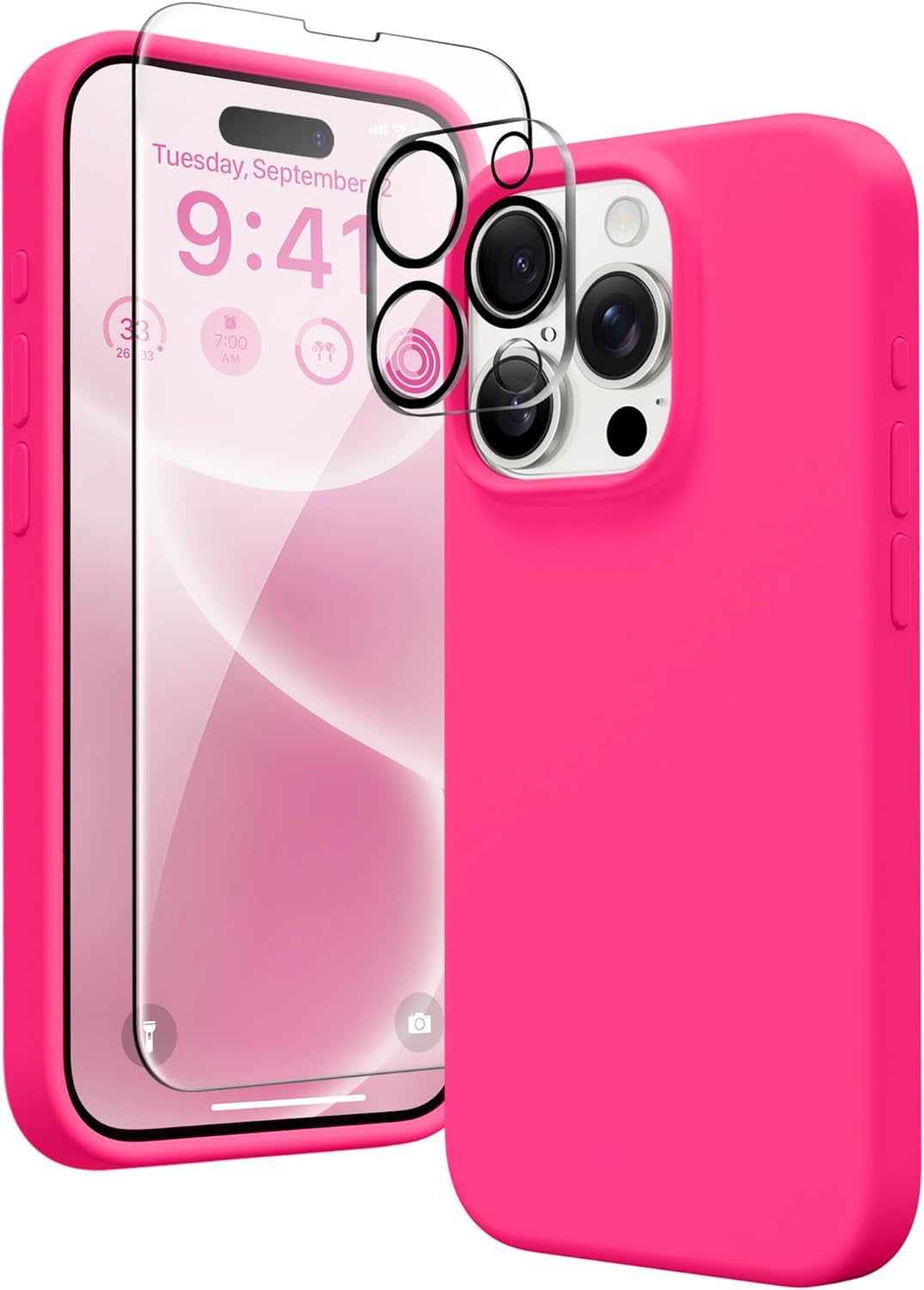 GONEZ for Iphone 15 Pro Case Compatible with Magsafe, [2X Screen Protector + 2X Camera Lens Protector], Soft Silicone Shockproof Anti-Scratch Full Body Protective Phone Case 6.1" 2023, Dark Grey  GONEZ Rose Red  