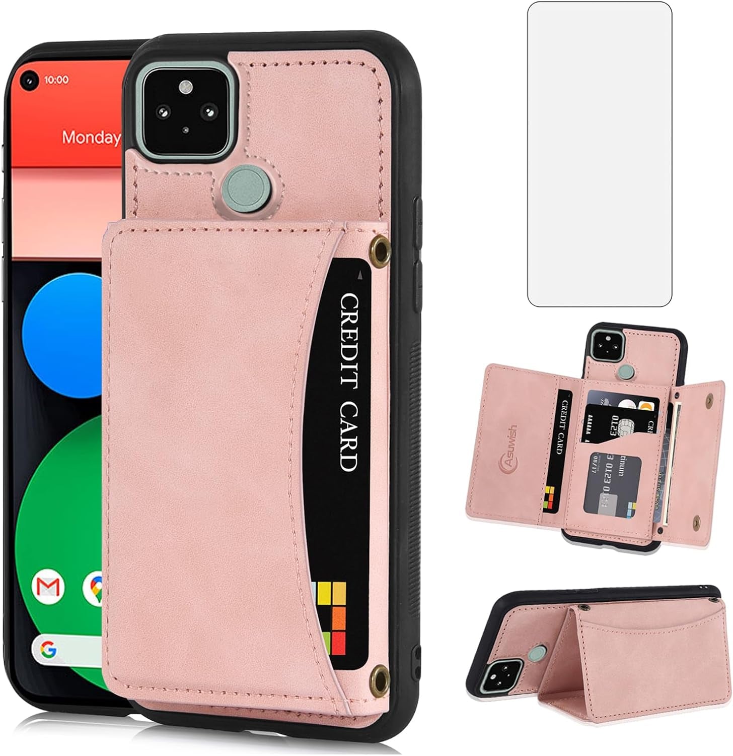 Asuwish Phone Case for Google Pixel 5 Wallet Cover with Tempered Glass Screen Protector and PU Leather Credit Card Holder Stand Rugged Mobile TPU Cell Accessories Pixel5 5G Pixle Five G5 Women Men Red  Asuwish Pink For Pixel 5 / Pixel 5 5G 