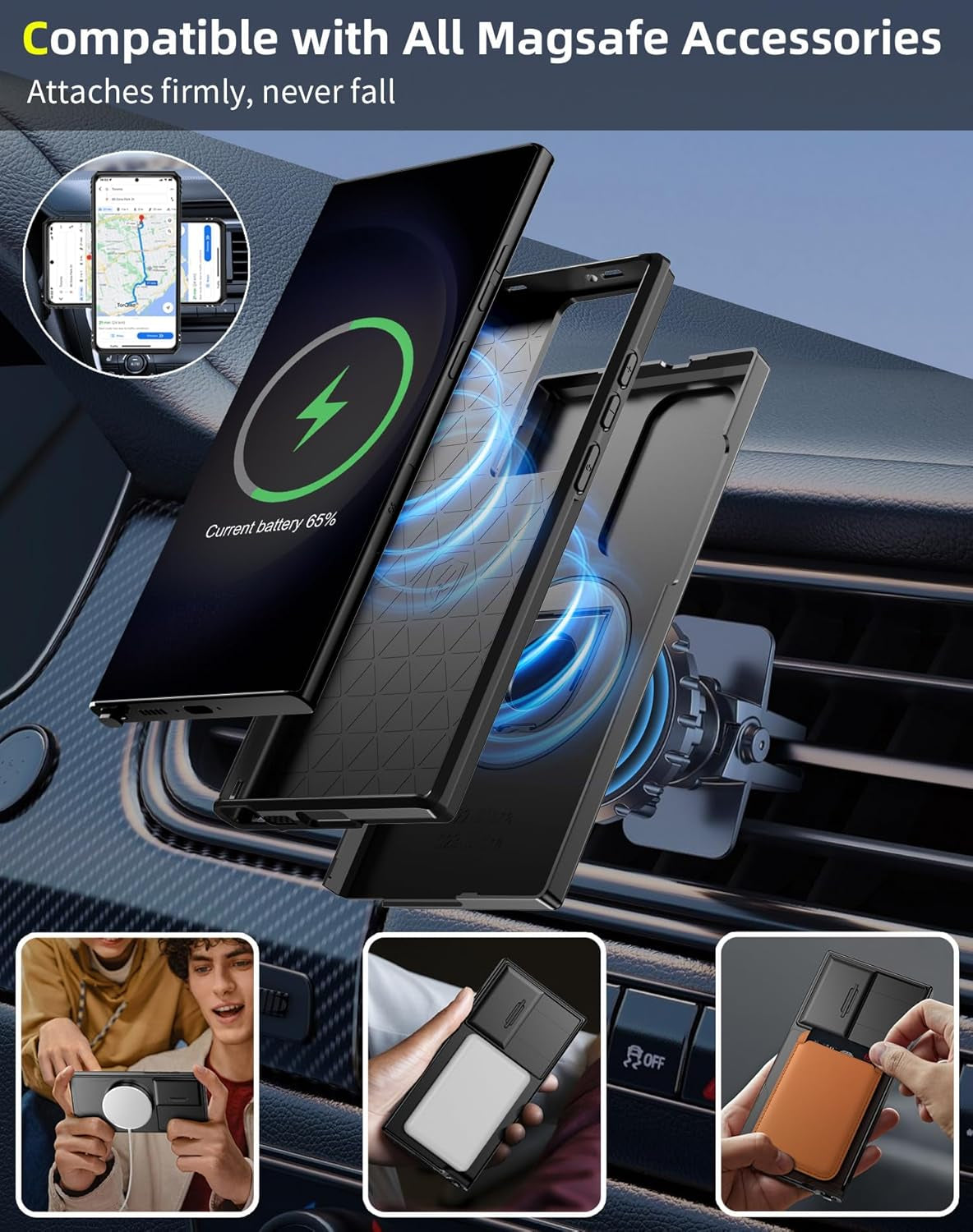 For Samsung Galaxy S22 Ultra Case & Samsung Galaxy S23 Ultra Case Compatible with Magsafe Galaxy S23Ultra Case with Screen Protector,Built-In Kickstand&Camera Cover Protection Shockproof Black