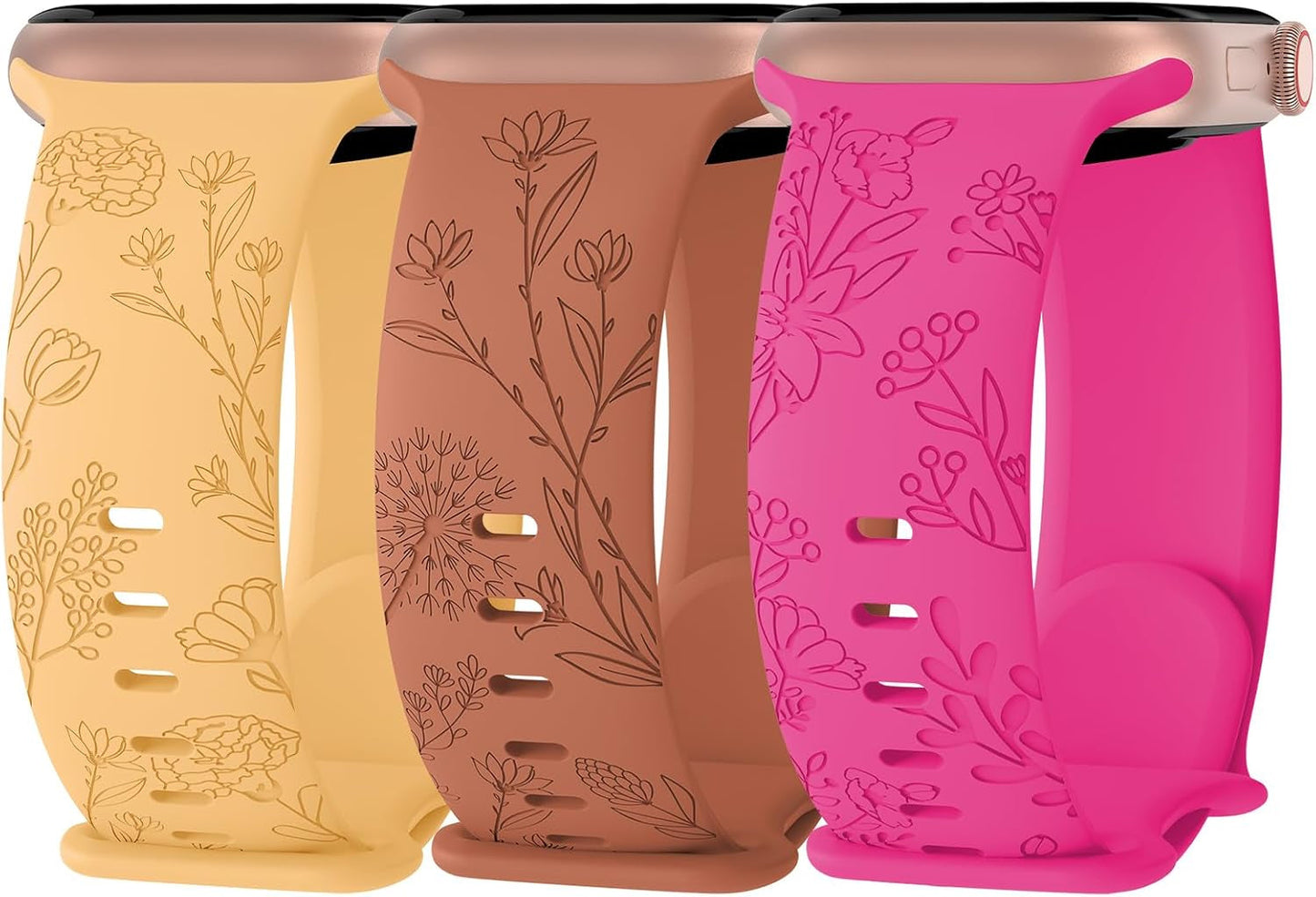3 Pack Floral Engraved Silicone Bands Compatible with Apple Watch Band 38Mm 40Mm 41Mm 42Mm 44Mm 45Mm 49Mm Women, Soft Sport Wildflower Strap for Iwatch Ultra Series 9 8 SE 7 6 5 4 3 2 1