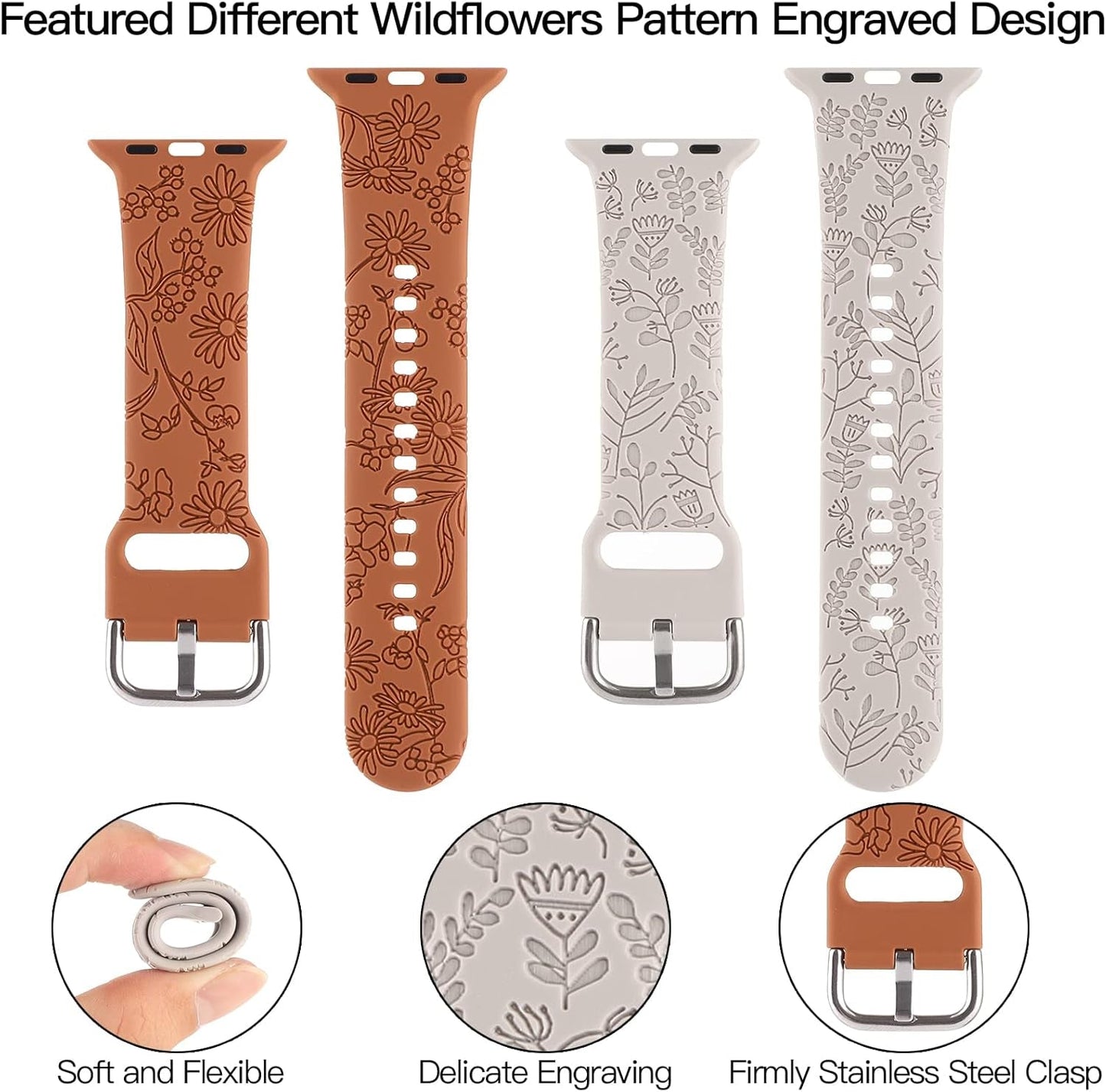 2 Pack Floral Engraved Band Compatible with Apple Watch Bands 38Mm 40Mm 41Mm for Women, Cute Wildflowers Design Soft Silicone Sport Strap Replacement Wristbands for Iwatch Series 9/8/7/SE/6/5/4/3/2/1