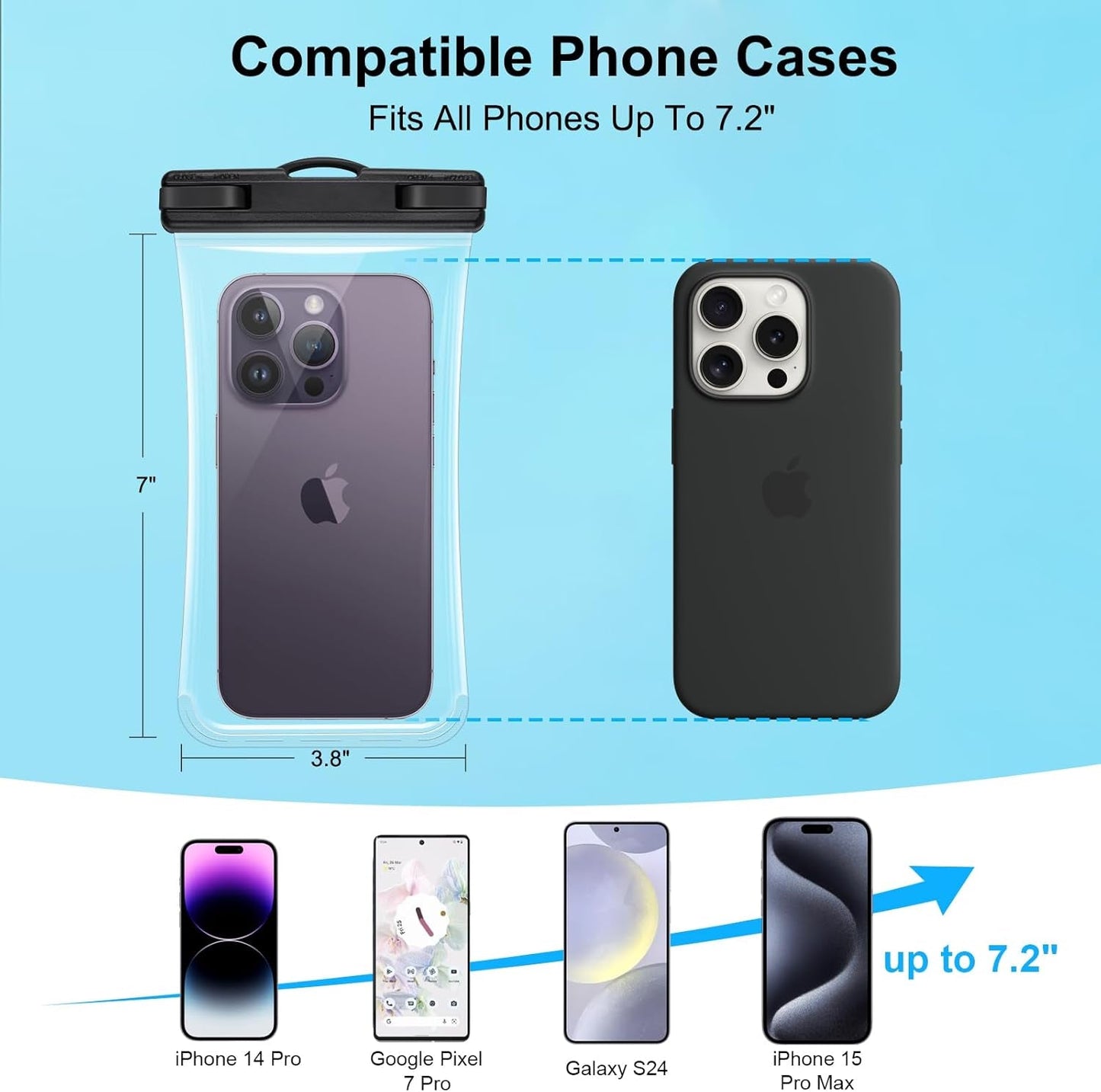 2 Pack Waterproof Phone Pouch, Waterproof Phone Case for Iphone 15 Pro Max Plus, Galaxy S24 S23 S22, Pixel 8A 7A up to 7.2", Underwater Dry Bag Beach Vacation, Black & Black