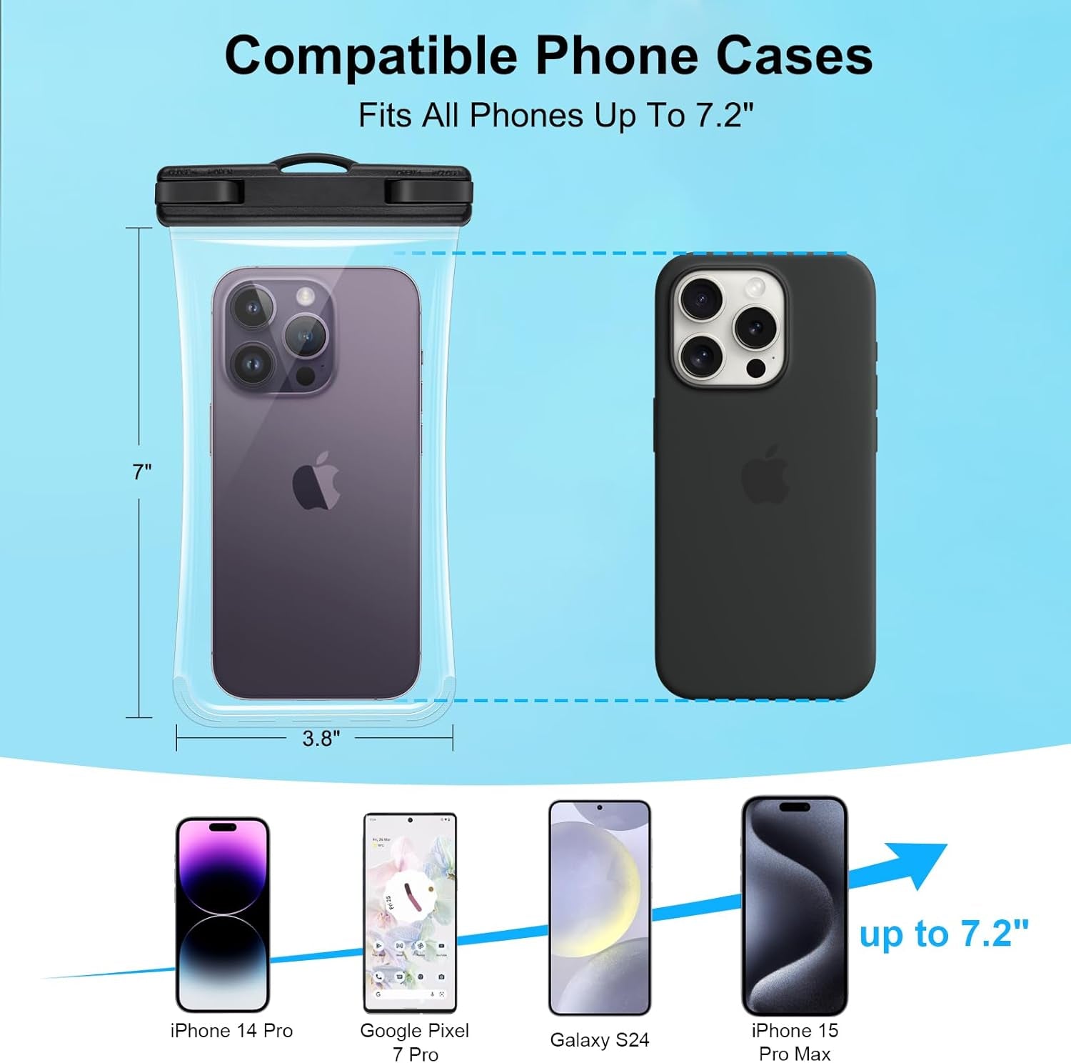 2 Pack Waterproof Phone Pouch, Waterproof Phone Case for Iphone 15 Pro Max Plus, Galaxy S24 S23 S22, Pixel 8A 7A up to 7.2", Underwater Dry Bag Beach Vacation, Black & Black