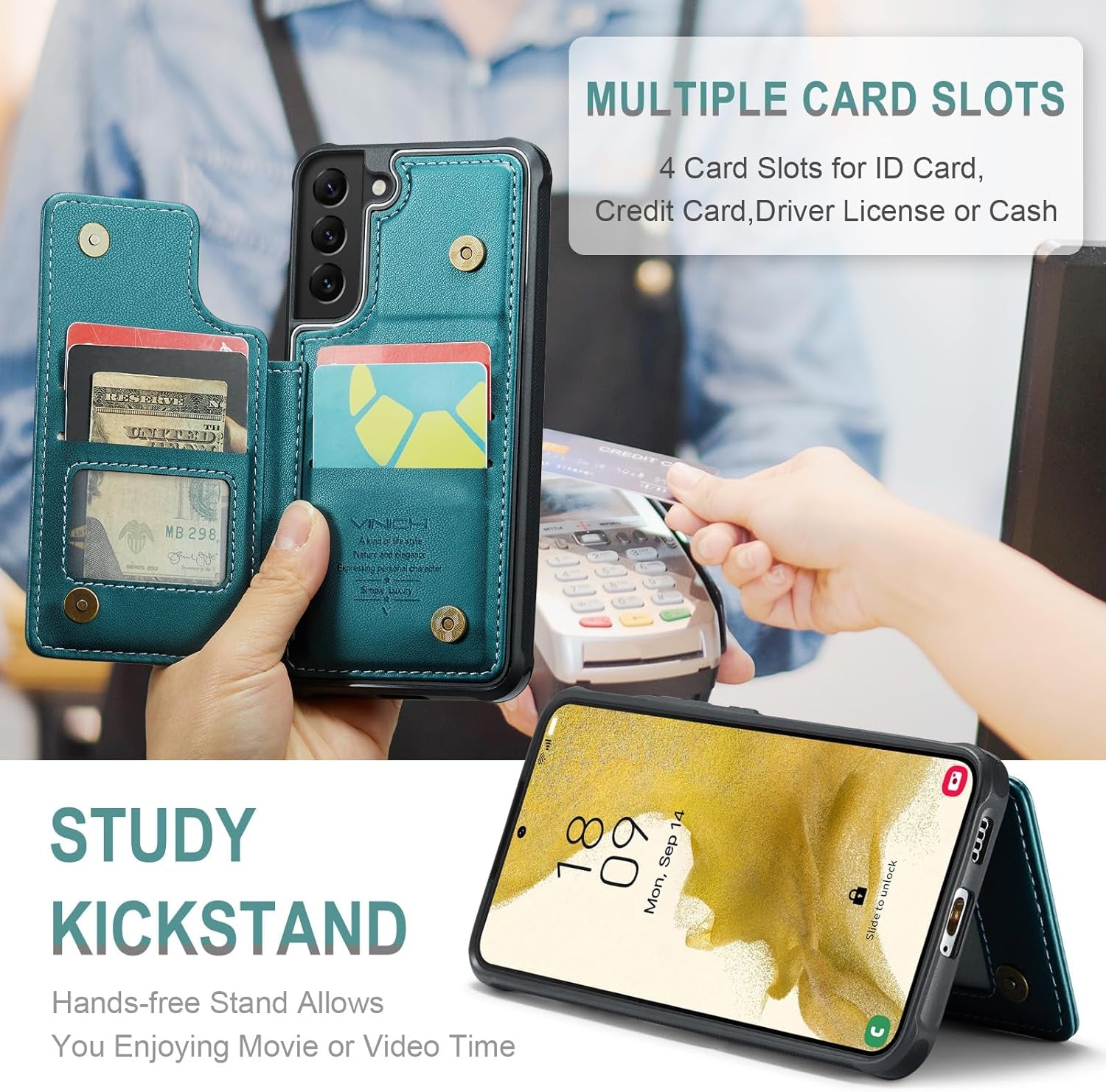 For Samsung Galaxy S22 Case with Card Holder, for Samsung S22 Wallet Case for Women Men with RFID Blocking, Durable Kickstand Shockproof Phone Case for Galaxy S22 5G, Bluish Green