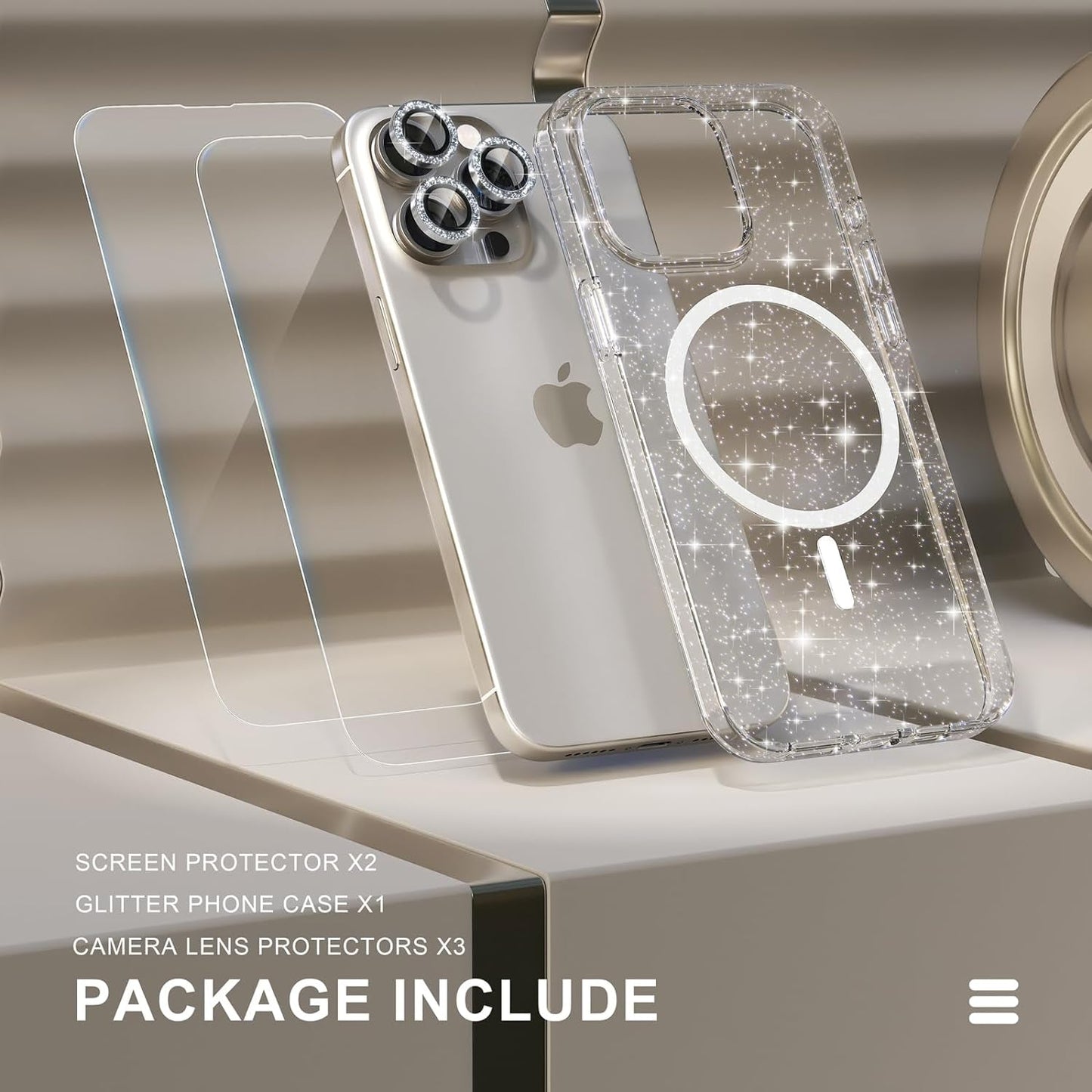 Choiche for Iphone 15 Pro Case Magnetic, Women Clear Glitter Bling Sparkly Case, [3Xdiamond Camera Lens Protectors] [2Xtempered Glass Screen Protectors] [Compatible Magsafe] (Glitter Clear)  Choiche   