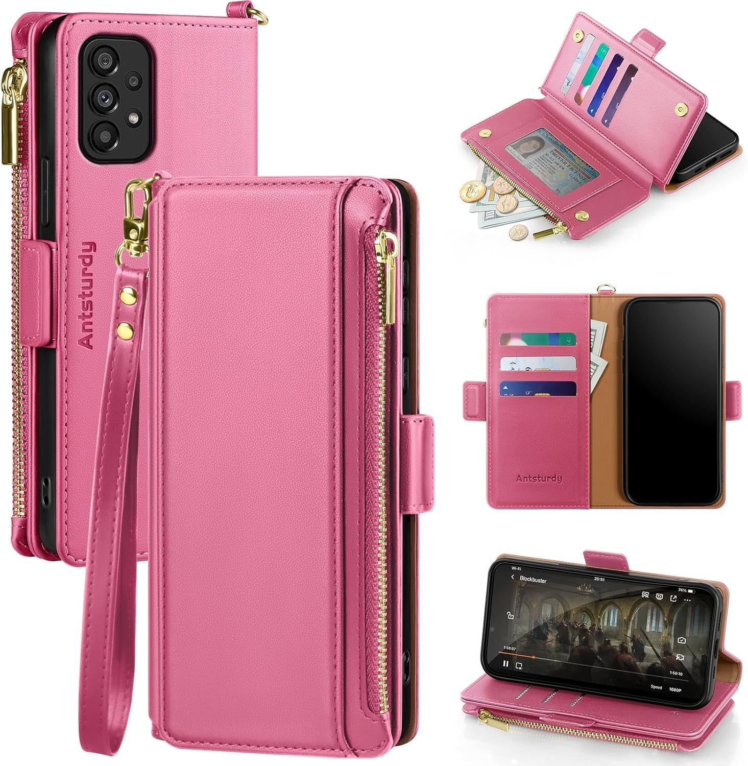 Antsturdy Samsung Galaxy A53 5G Case Wallet with Card Holder for Women Men,Galaxy A53 5G Phone Case RFID Blocking PU Leather Flip Shockproof Cover with Strap Zipper Credit Card Slots,Beige