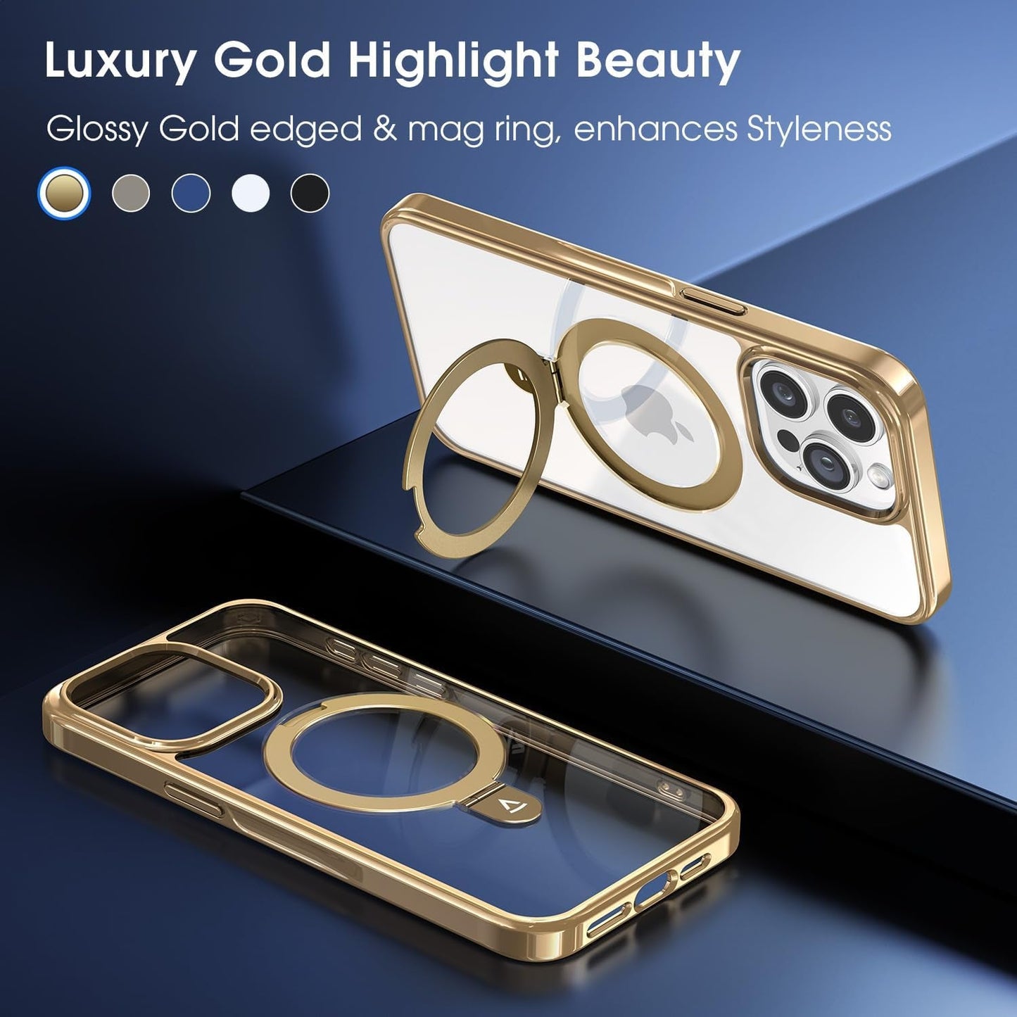Alphex Titanium Stand for Magsafe Iphone 15 Pro Max Case, Polished Titanium Match for Iphone, 12FT Military Drop Protection, Shockproof Phone Ring Slim Cover 6.7 Inch, Gold  Alphex   