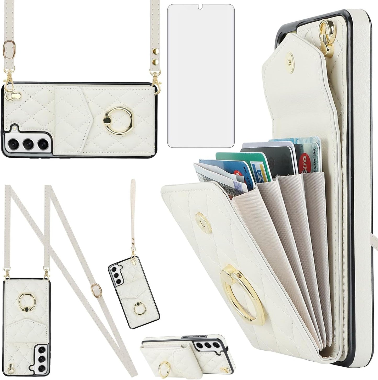 Asuwish Phone Case for Samsung Galaxy S22 plus S22+ 5G Wallet Cover with Tempered Glass Screen Protector and Crossbody Ring RFID Blocking Card Holder Cell S22+5G S22Plus 22S + S 22 22+ Women Wine Red